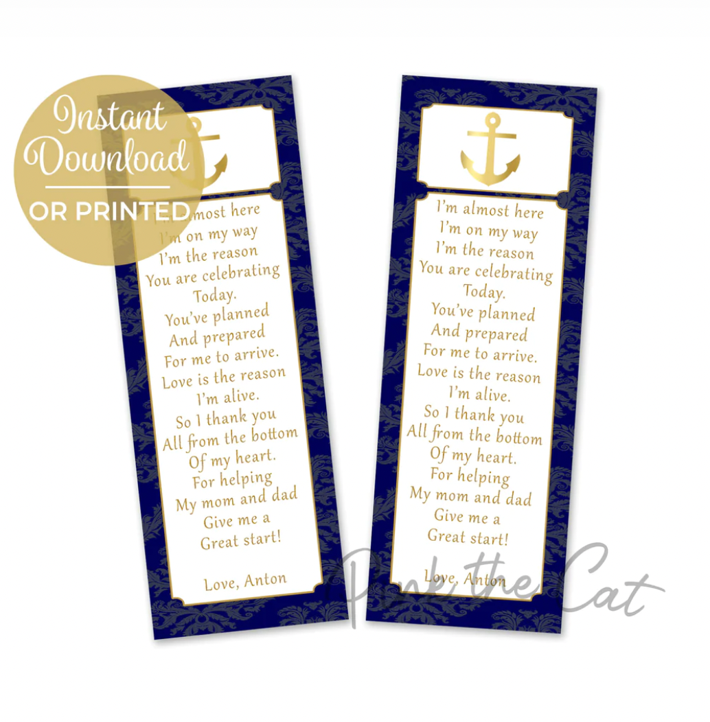 30 Nautical gold navy baby shower bookmarks