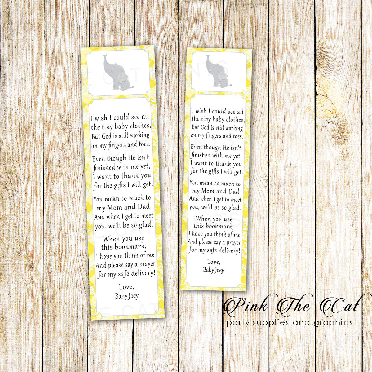 Elephant Bookmark Baby Shower Favor Yellow Printable