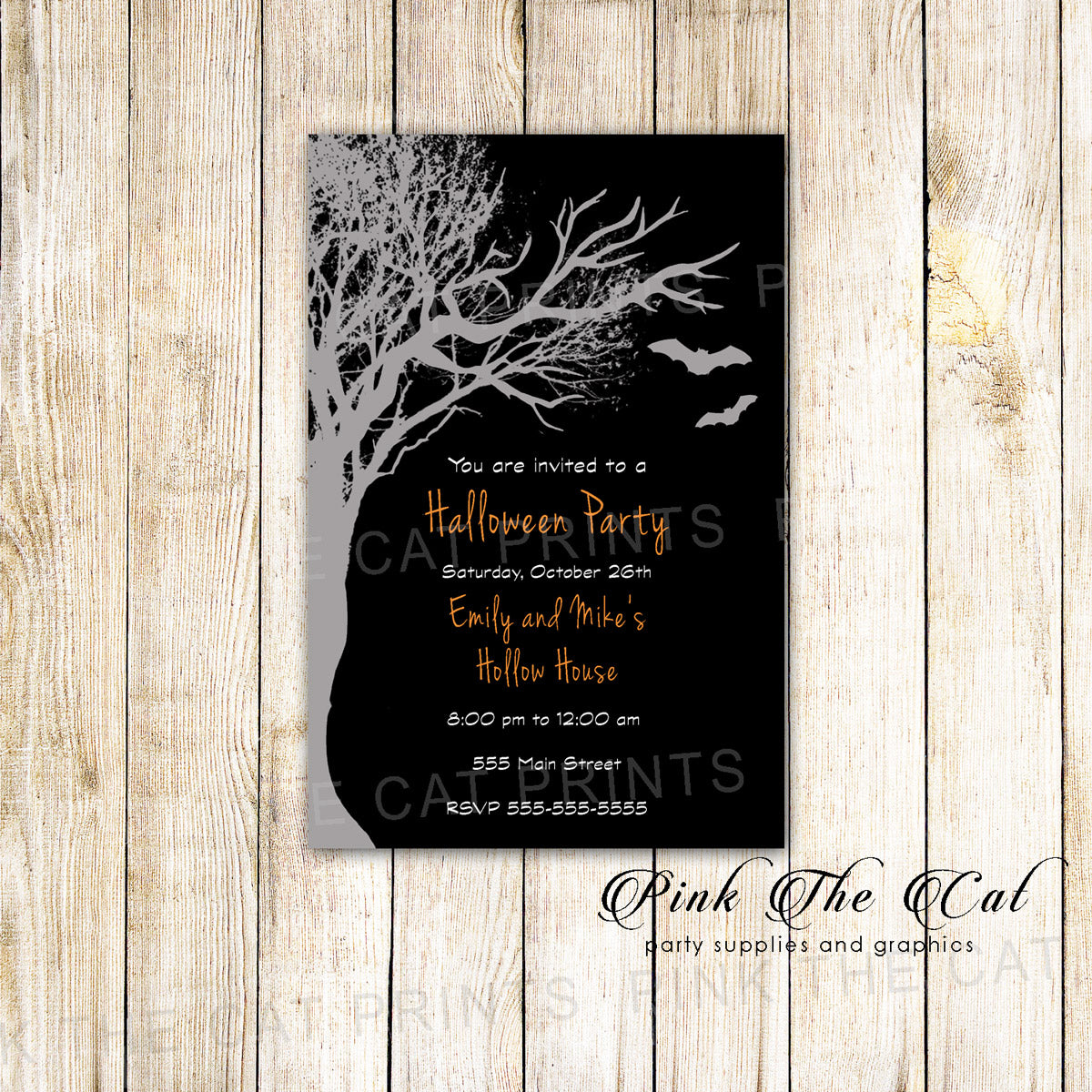 Halloween invitations bats and tree