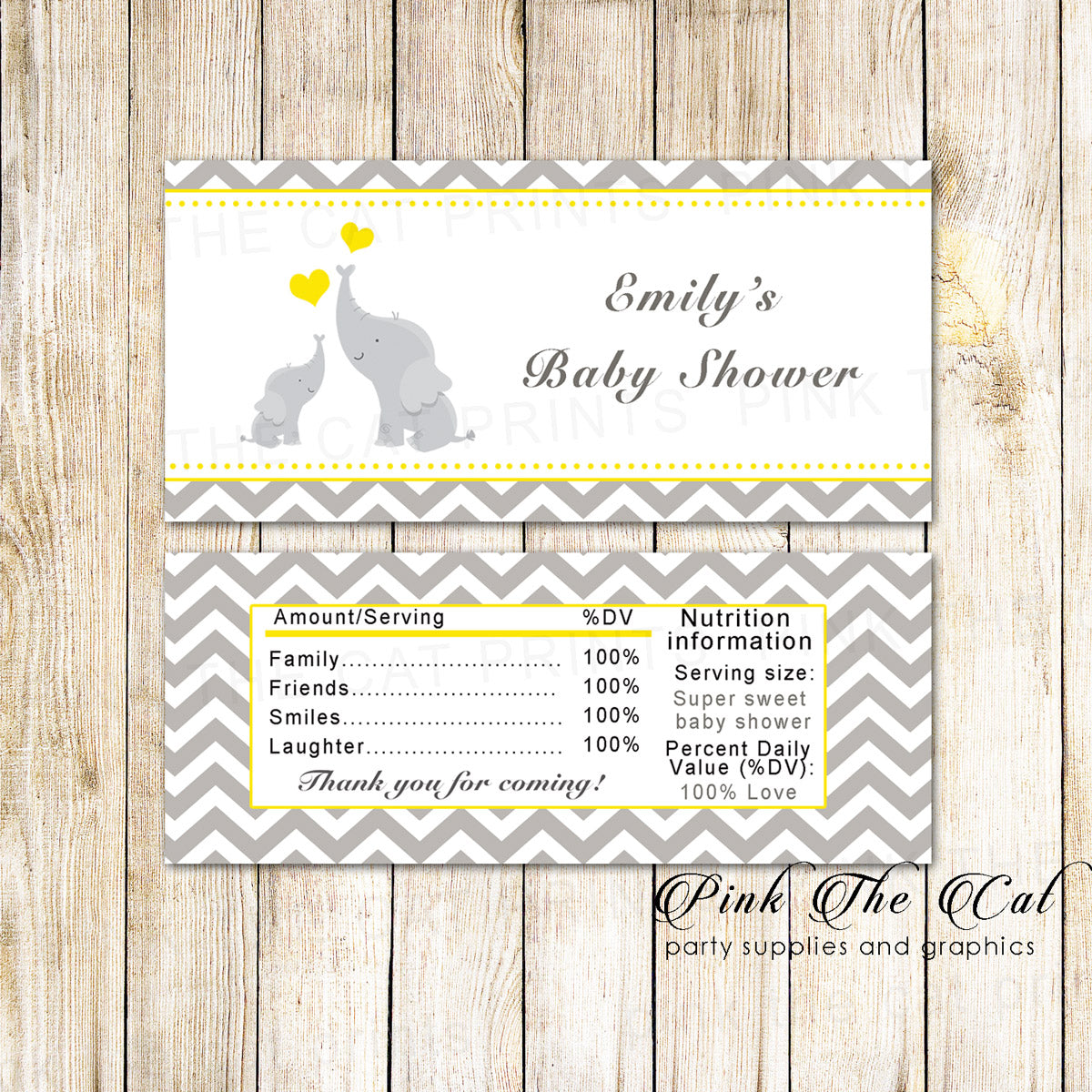 50 Candy Bar Wrappers Elephant Baby Shower Yellow Silver