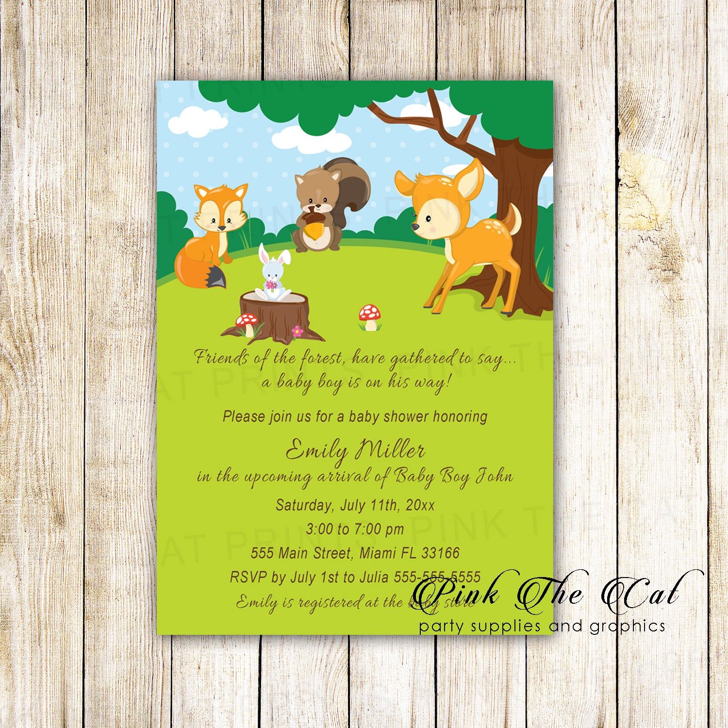 Forest woodland birthday baby shower invitations printable