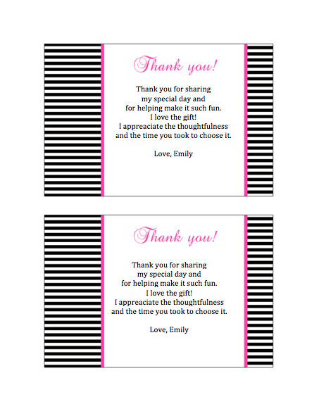 Black White Stripes Thank You Card Note Bridal Shower Birthday