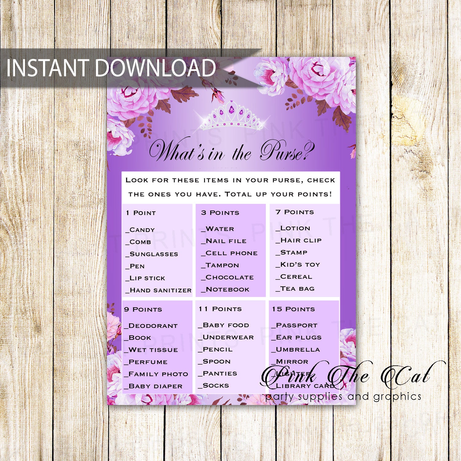 Whats In The Purse Purple Floral Baby Shower Game Printable