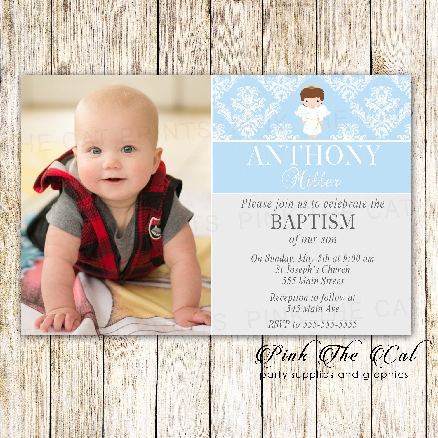 Boy baptism invitation with angel blue