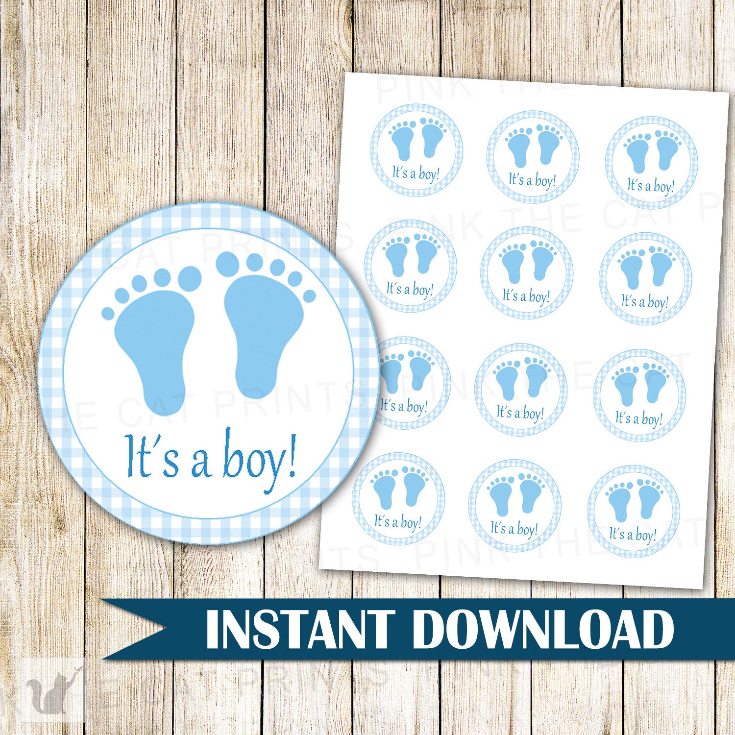 Blue Gingham Favor Label Its A Boy Stickers Baby Boy Shower – Pink the Cat