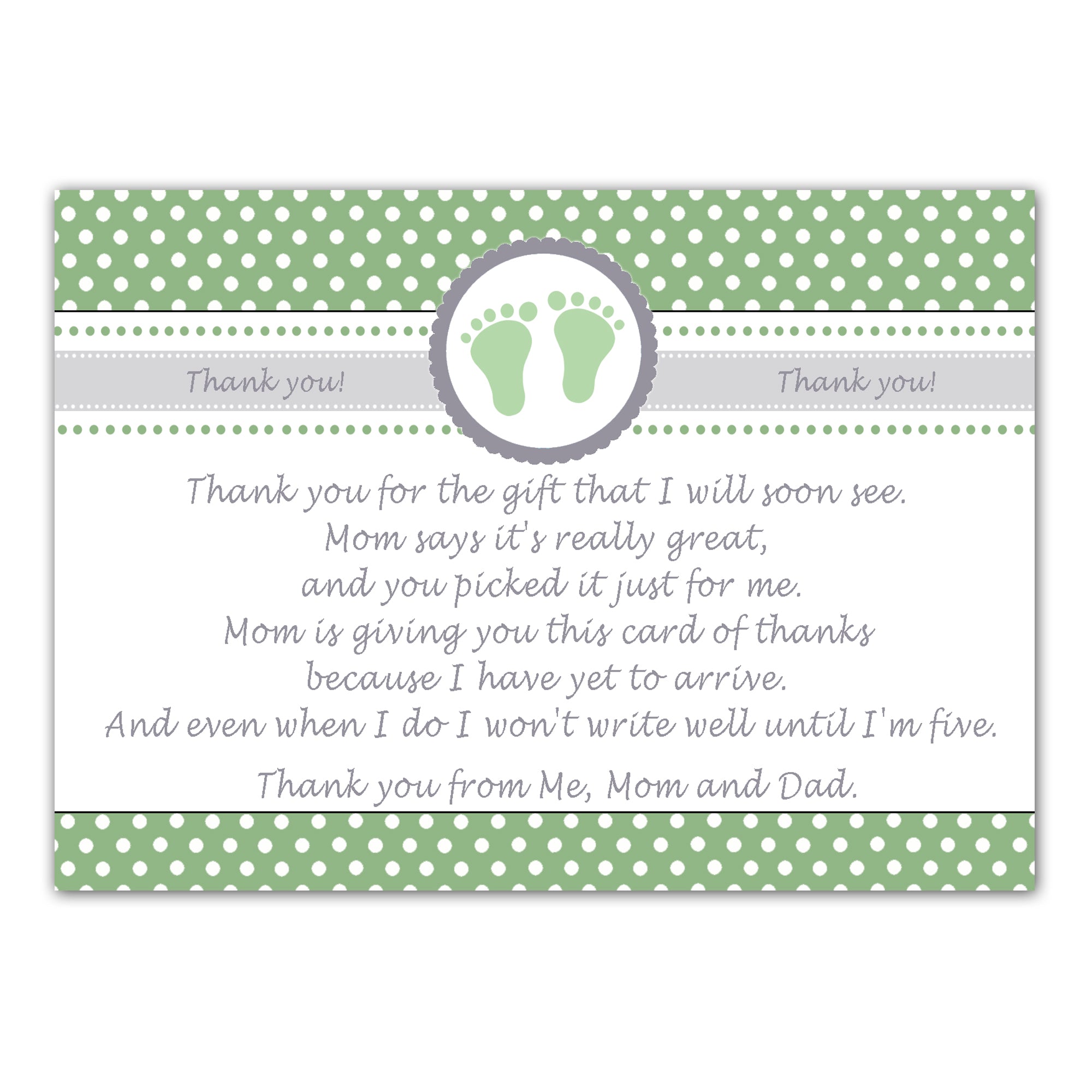 30 thank you cards baby shower green silver unisex footprints
