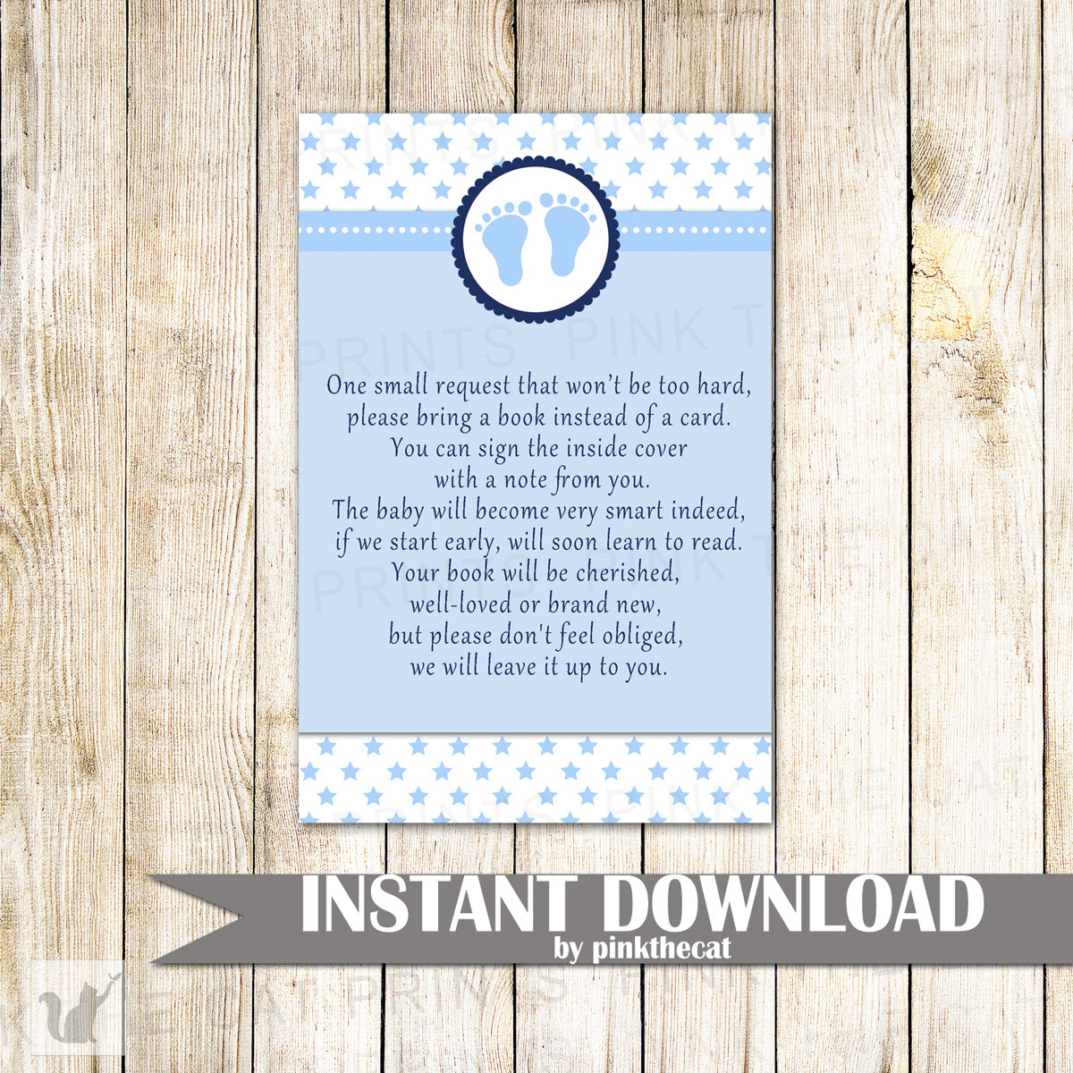 Bring a Book Instead Of a Card Blue Stars Footprints Printable