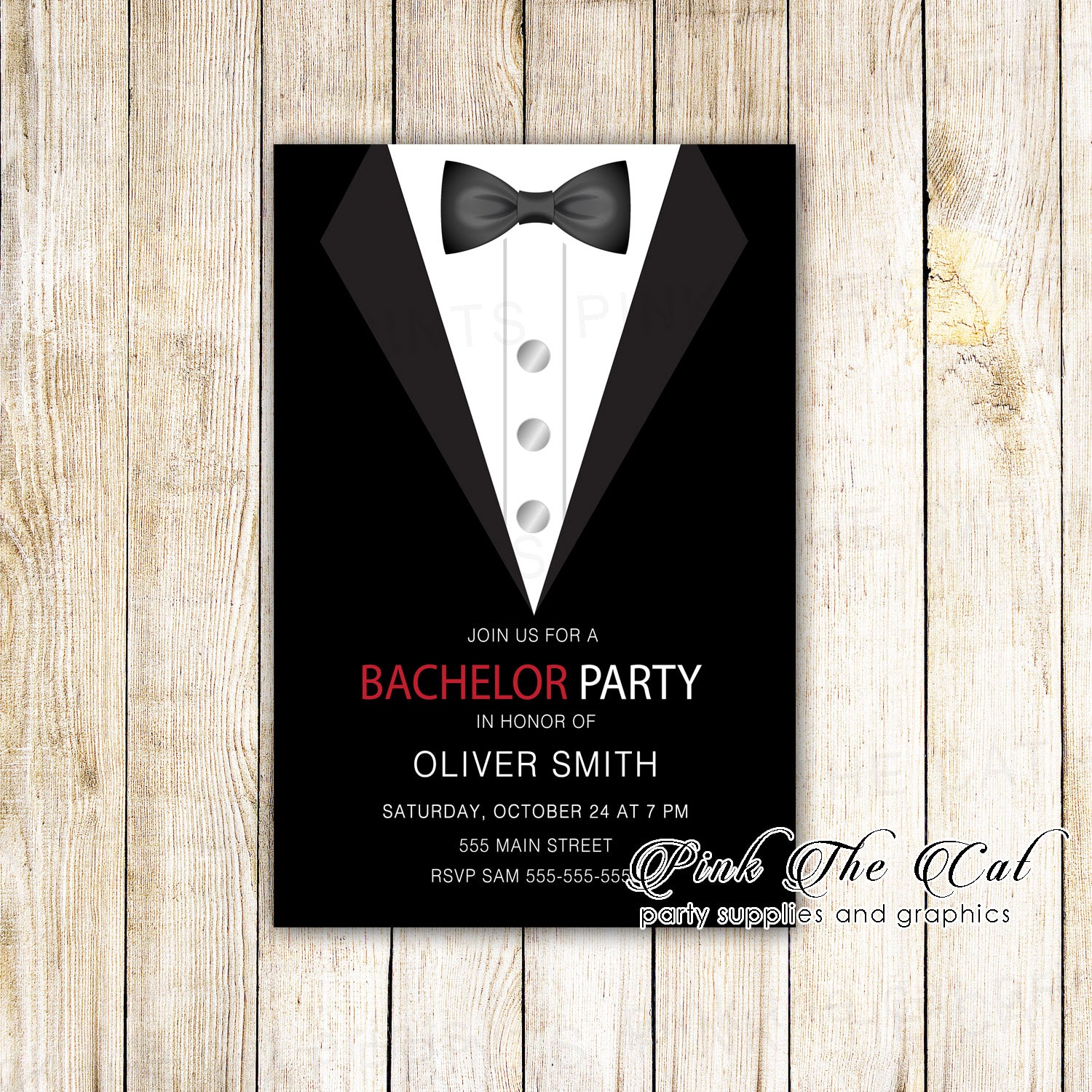 30 Bachelor invitations with enveopes black tuxedo personalized