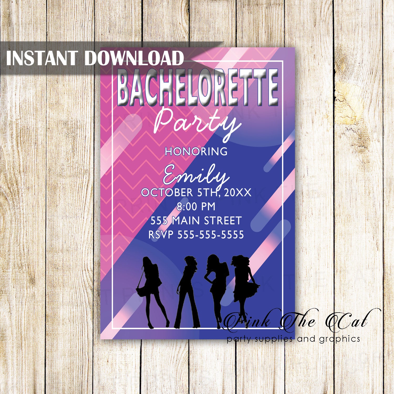 Bachelorette invitation pink blue printable instant download
