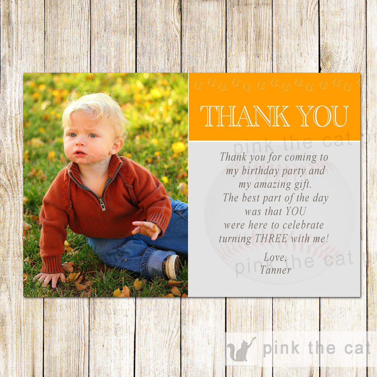 Baseball Orange thank you card printable personalized with photo