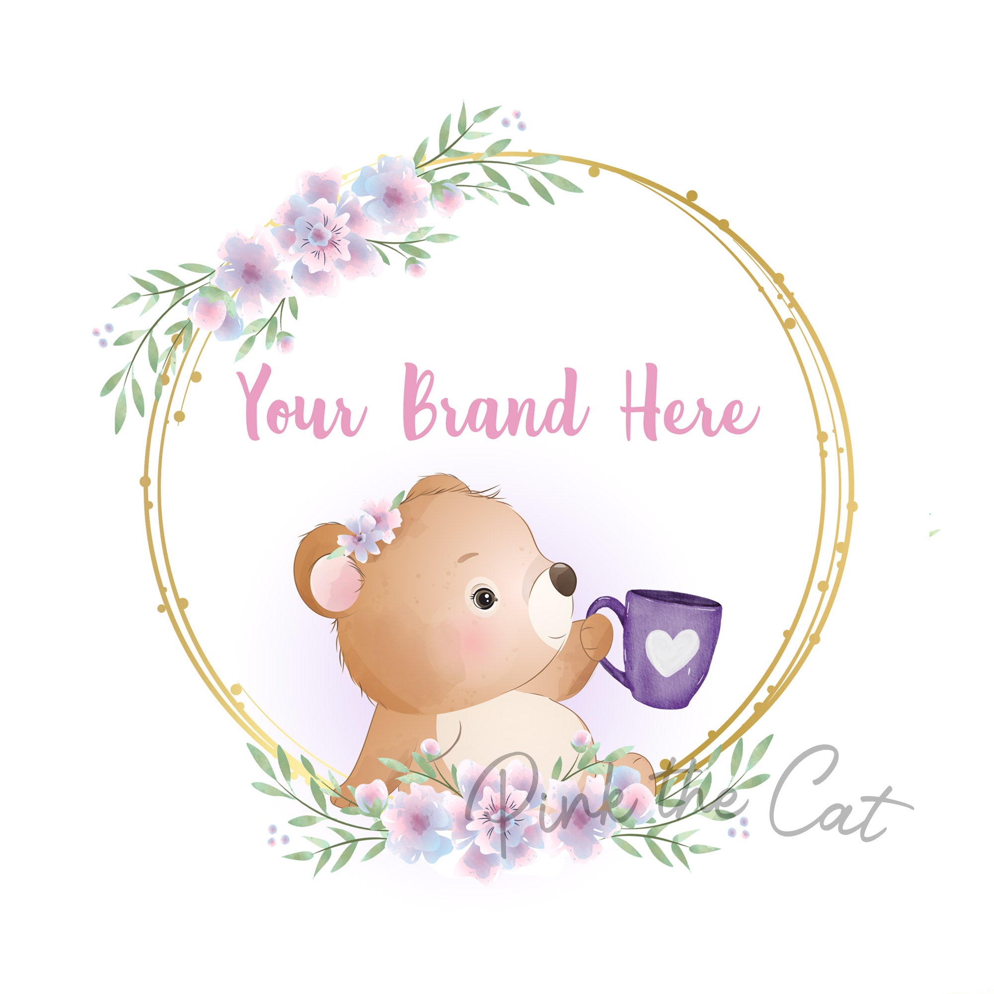 Bear holding mug logo with flowers