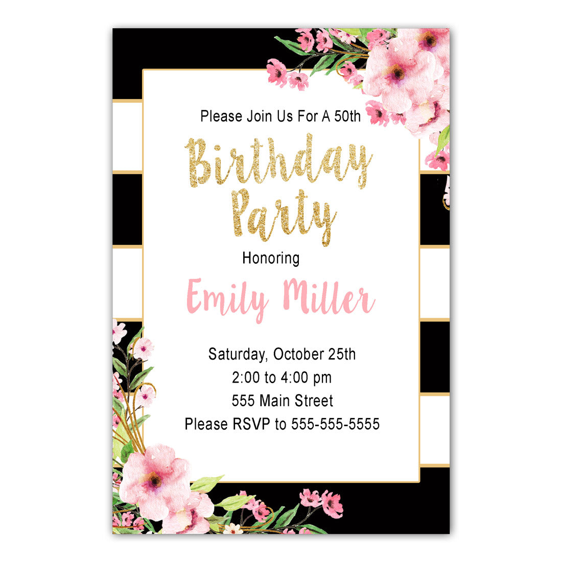30 Invitations Adult Teens Birthday Black Gold Pink Floral