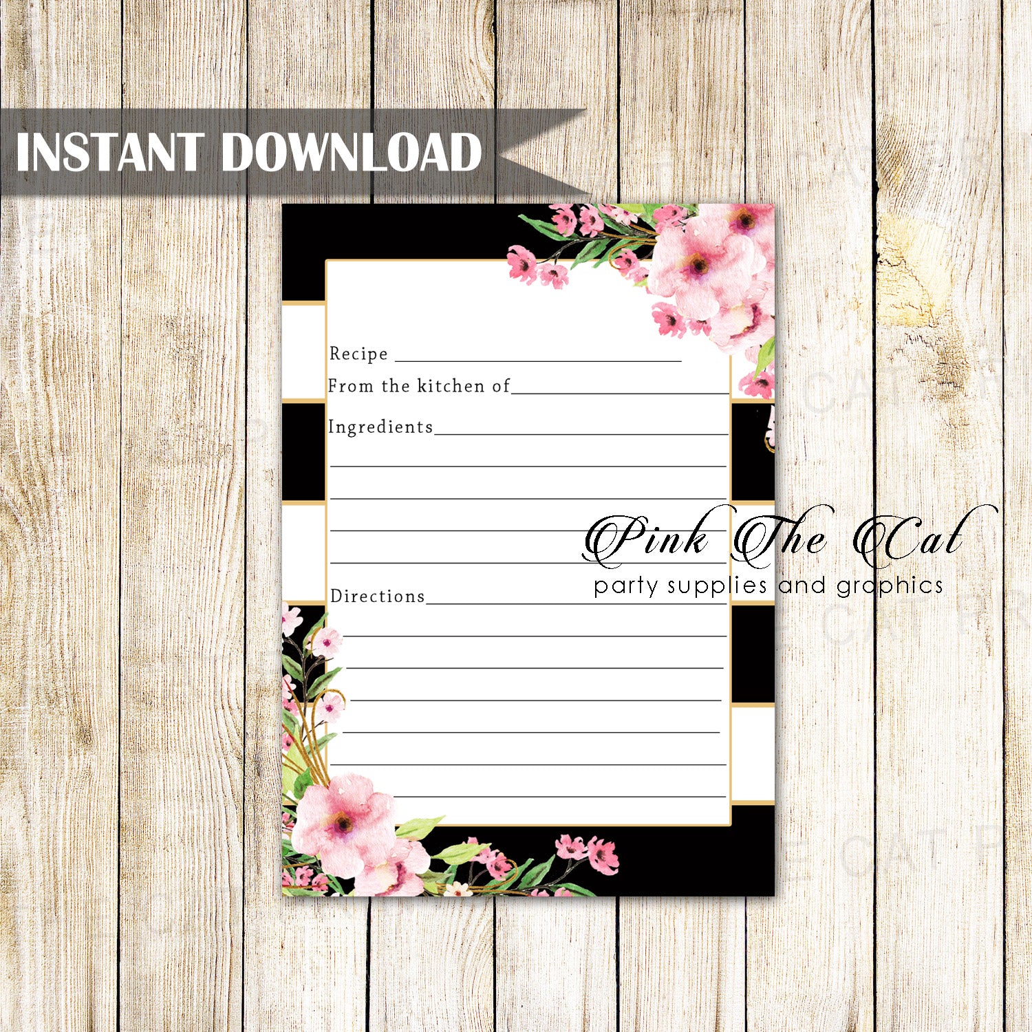 Pink floral black gold recipe cards bridal shower printable