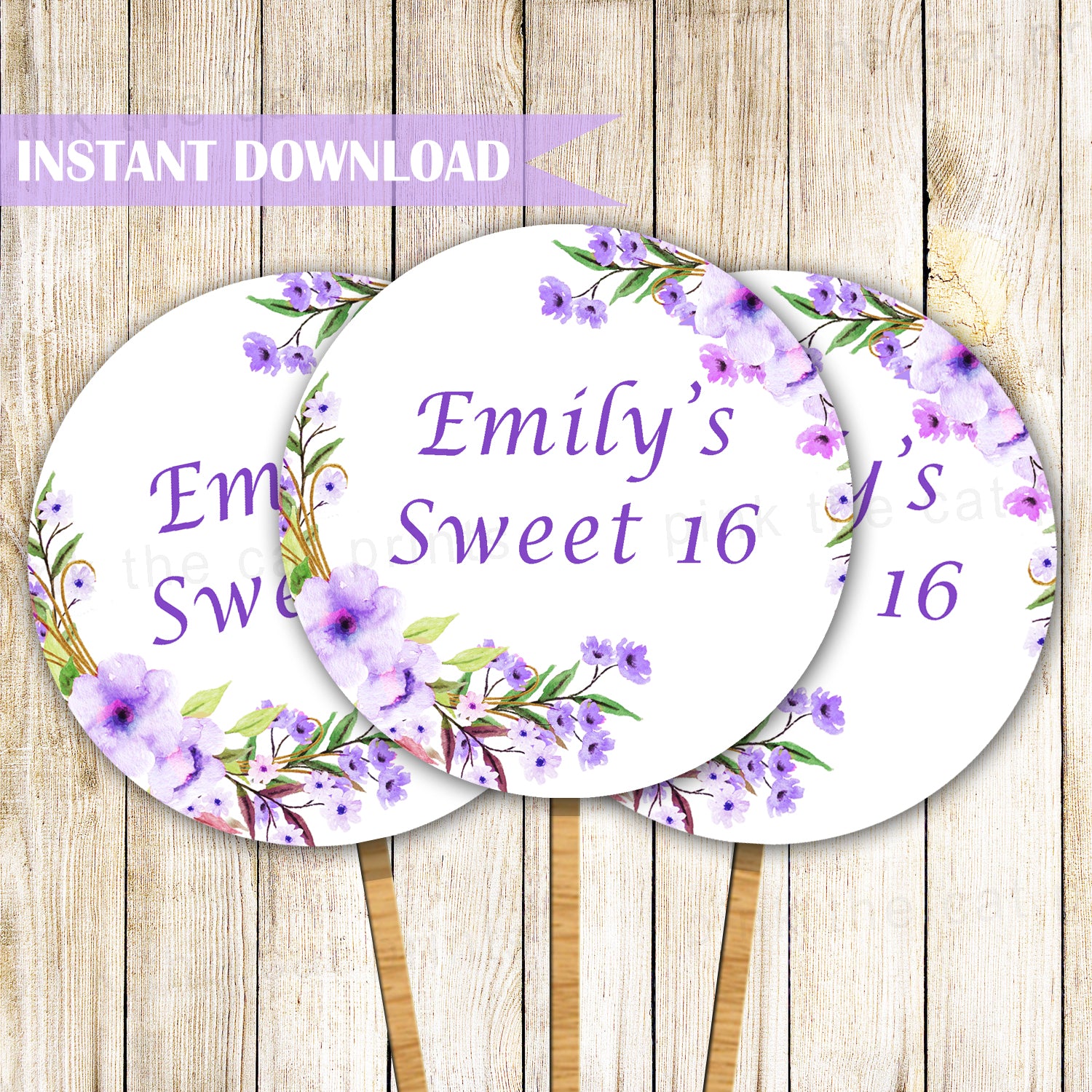 Floral Cupcake Toppers Birthday Sweet 16 Purple Printable