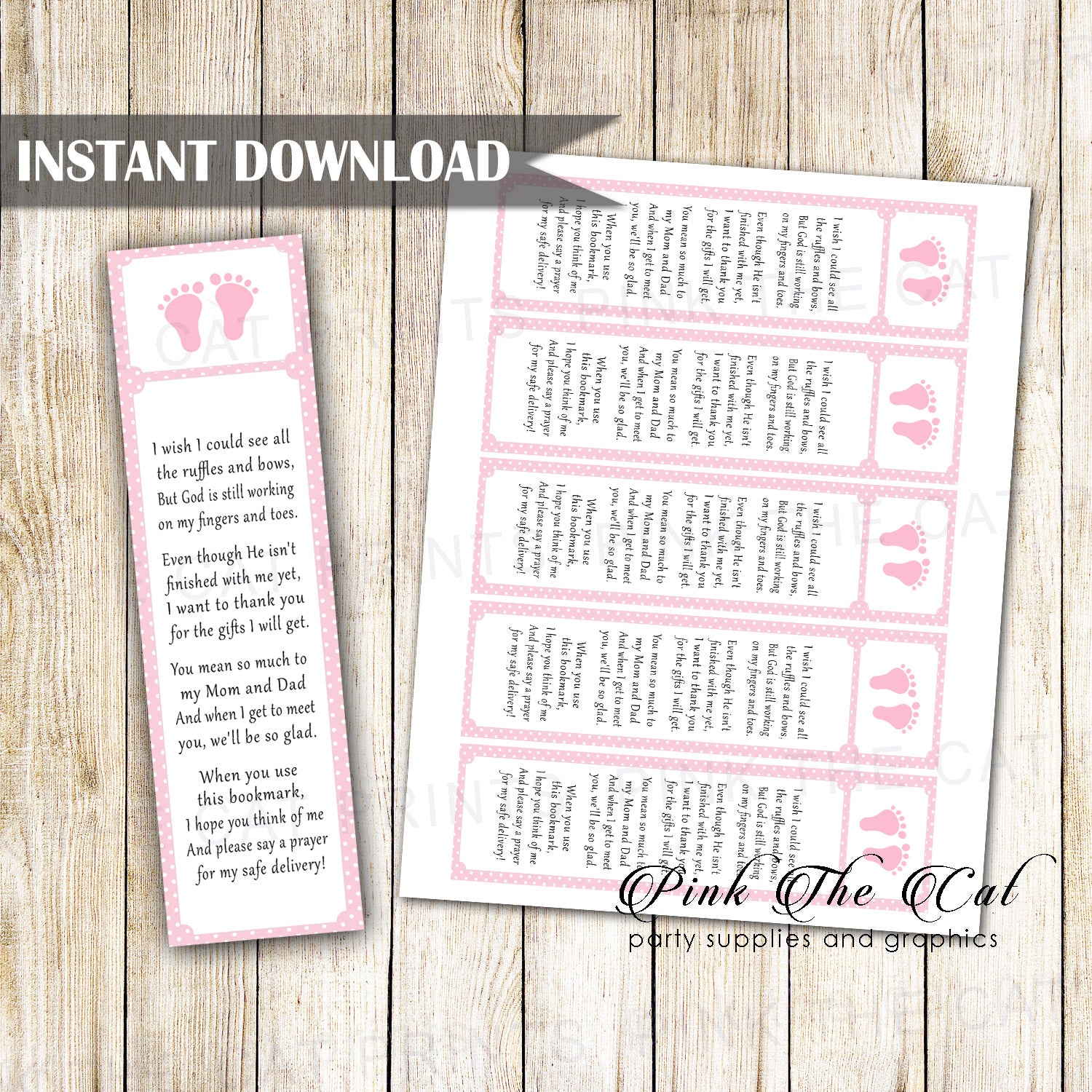Footprints Bookmark Girl Baby Shower Favor Pink Printable