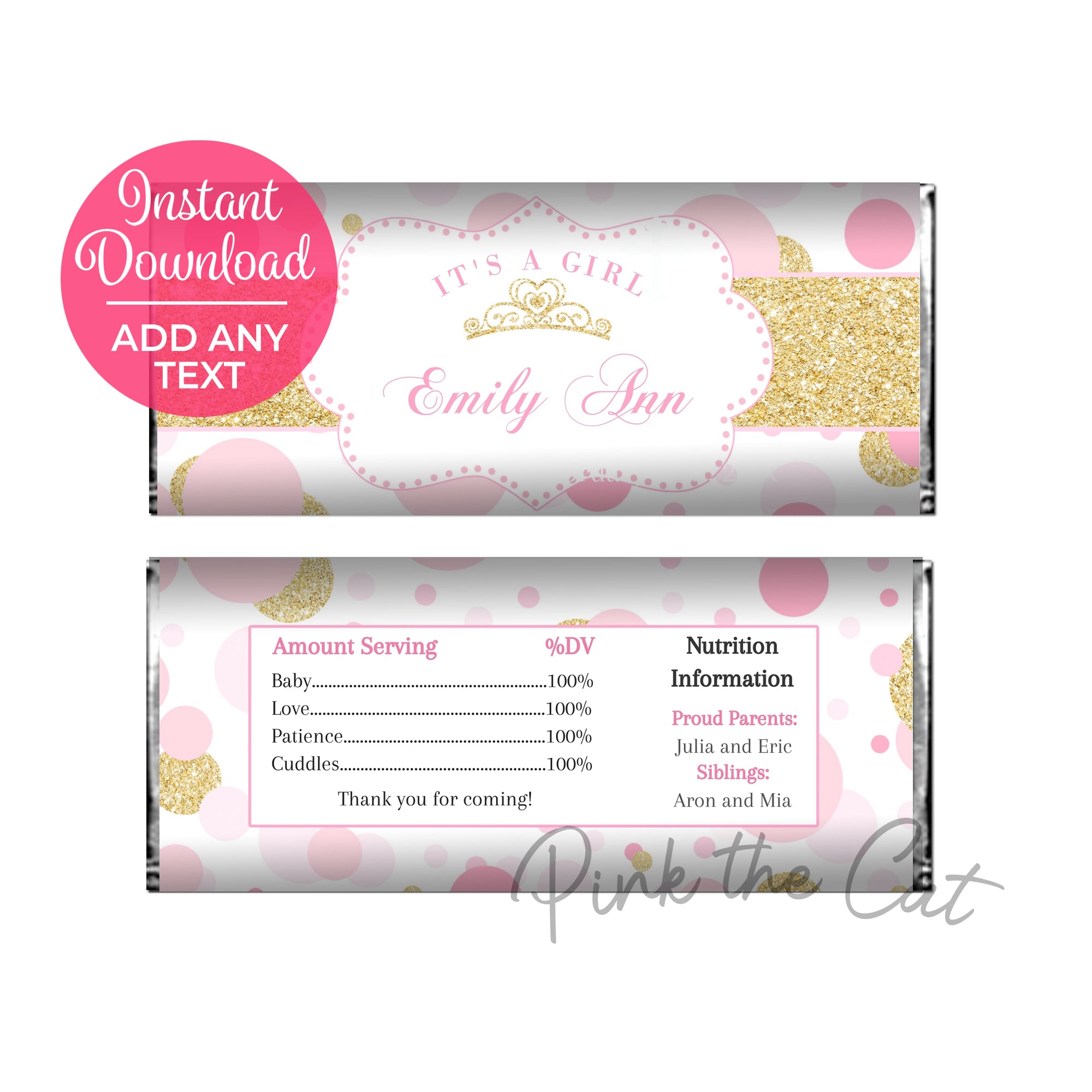 Princess candy bar wrapper pink and gold crown birthday baby