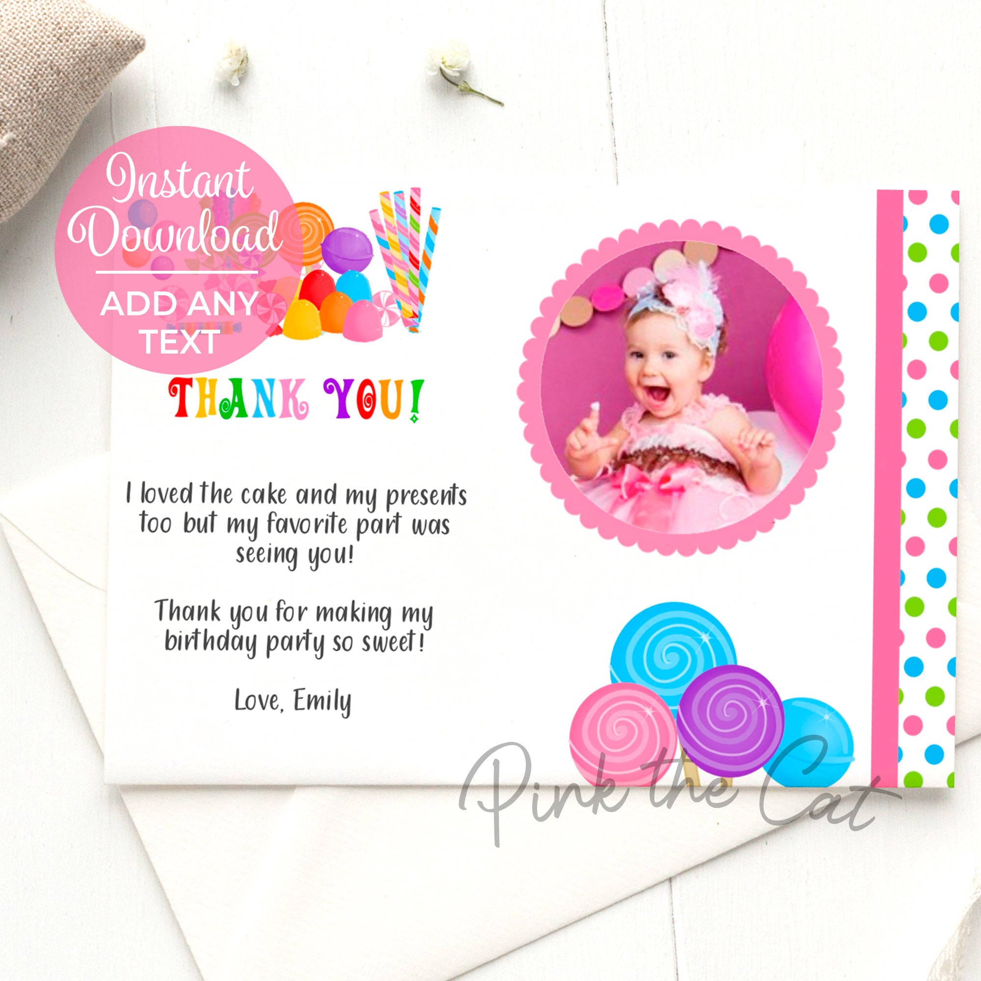 Candy Thank You Note Photo Card Girl Birthday