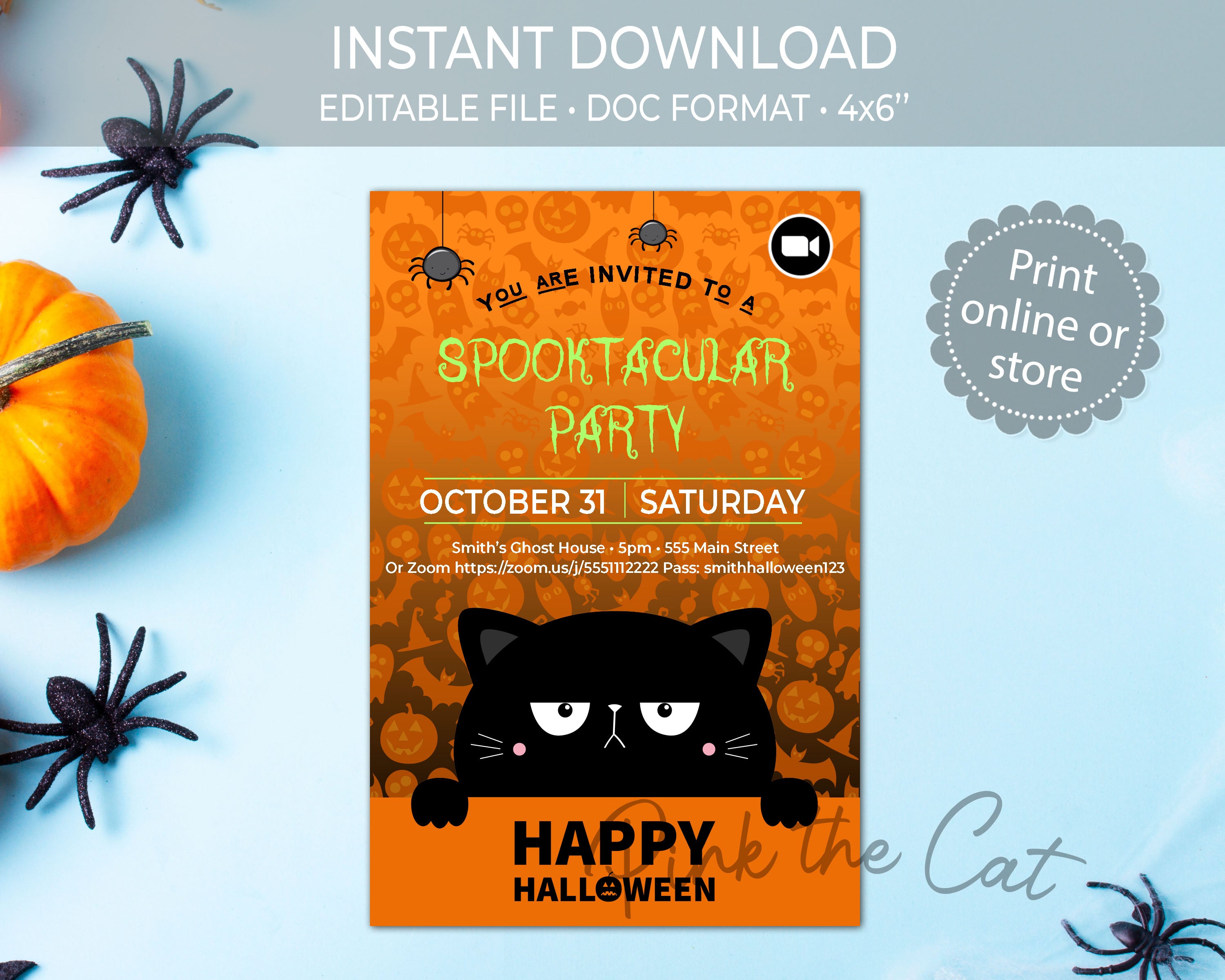 Halloween invitation black cat printable