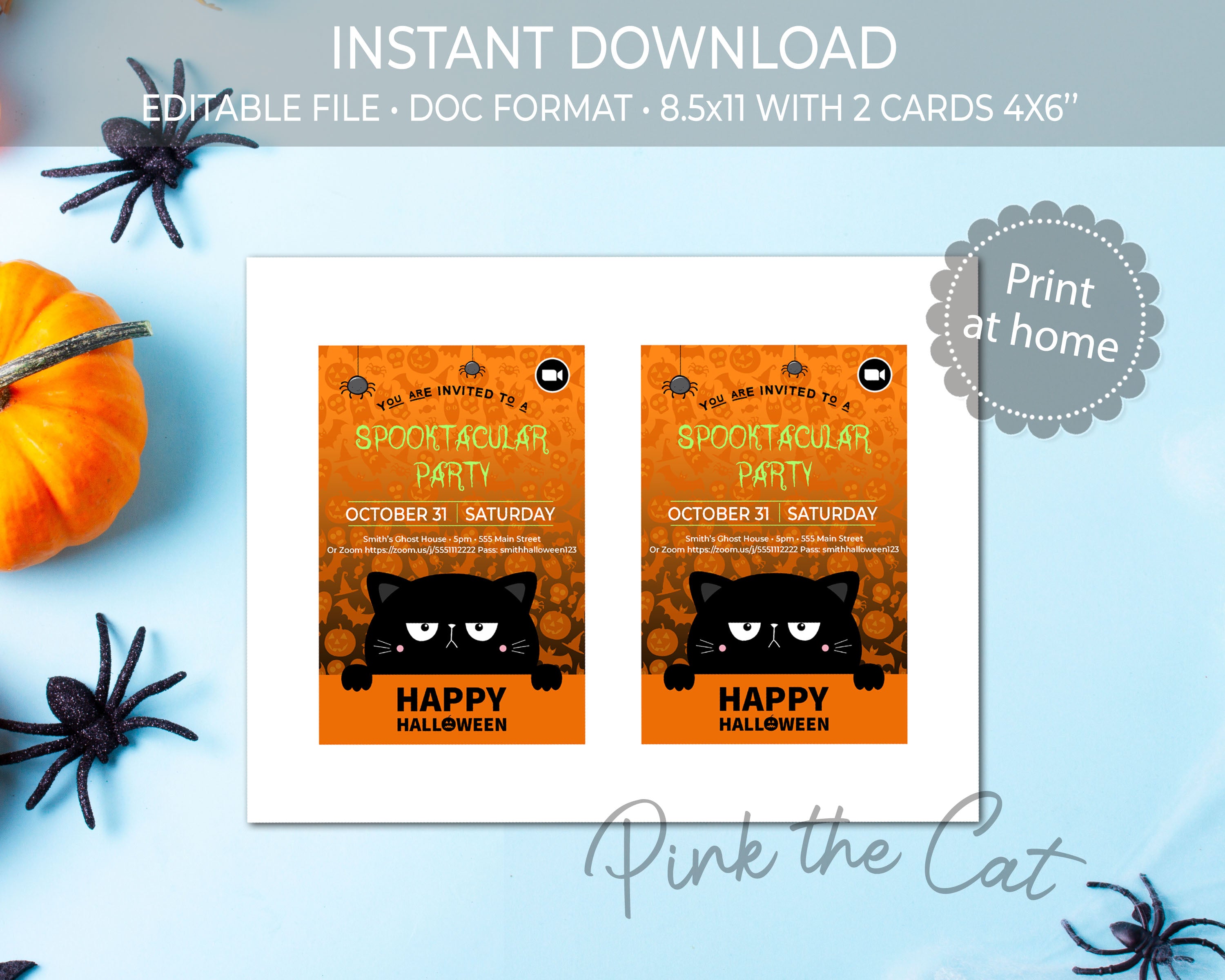 Halloween invitation black cat printable