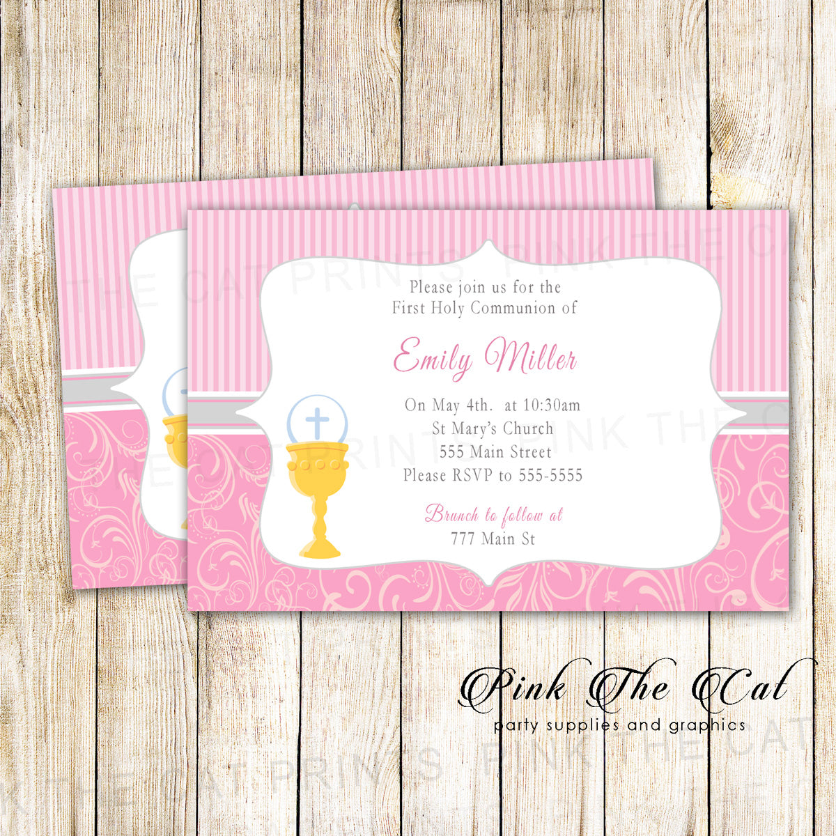 first holy communion invitation card editable 30 Printed Cards Girl First Holy Communion Invitation Pink Chalice – Pink the Cat