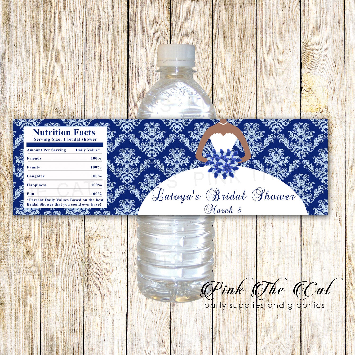 Navy Blue Dress Bridal Shower Bottle Label African American Printable – Pink the Cat Navy Blue Dress Bridal Shower Bottle Label African American Printable – Pink the Cat
