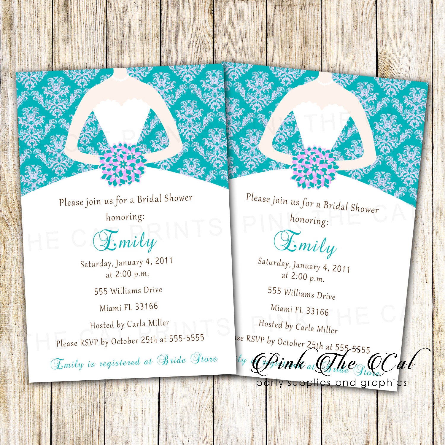 30 Dress Bridal Shower Invitations Purple Teal Damask Personalized Pink the Cat 30 Dress Bridal Shower Invitations Purple Teal Damask Personalized Pink the Cat