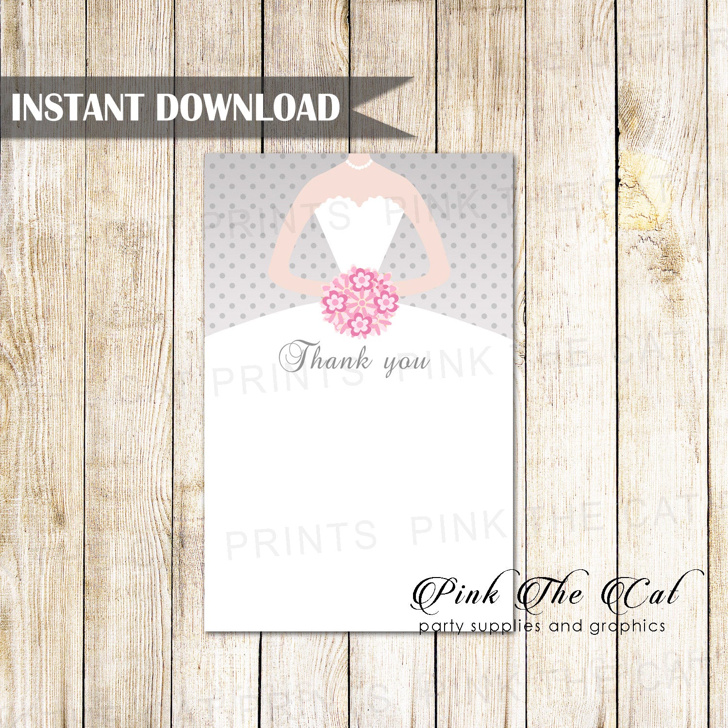 Dress bridal shower thank you card gray pink printable