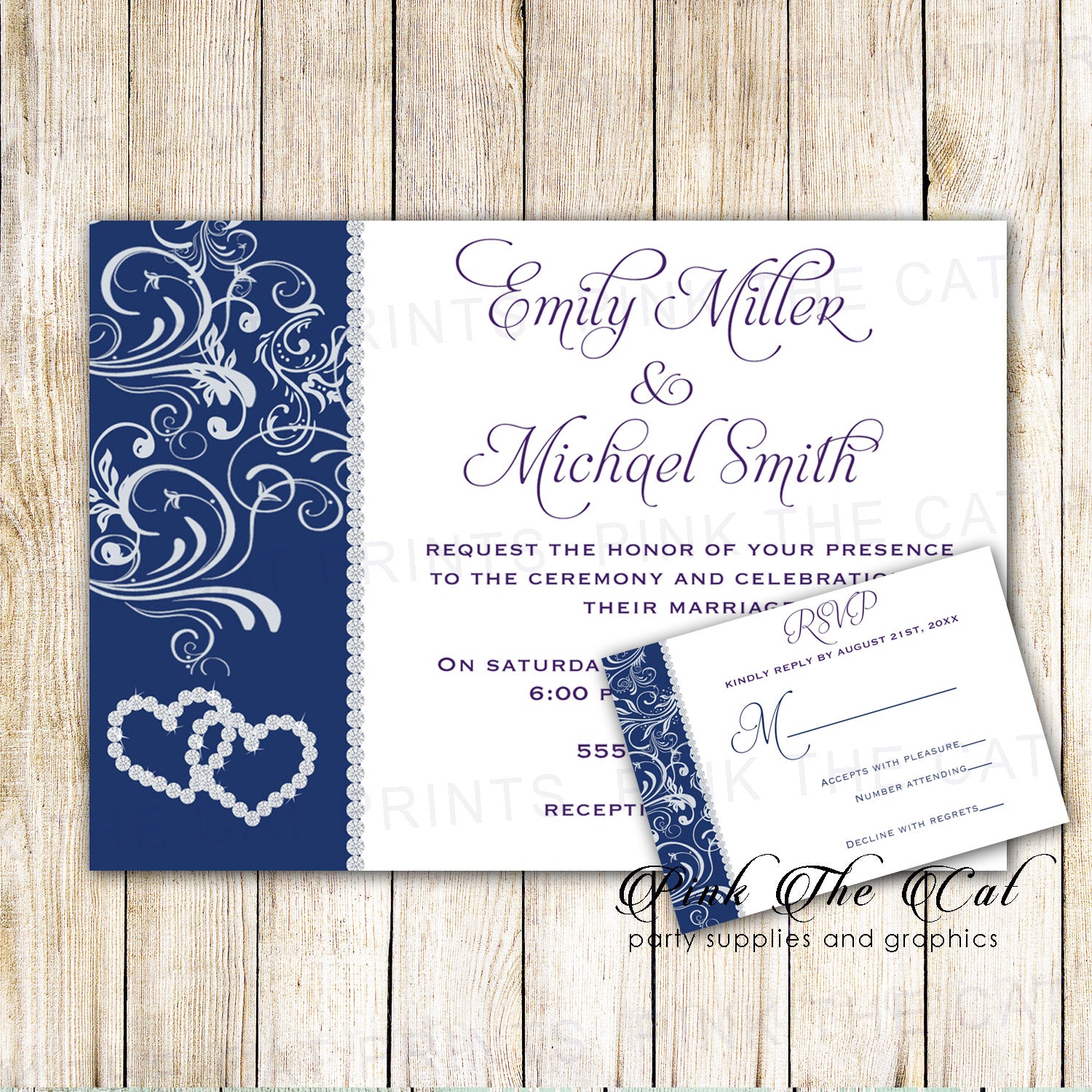 Wedding Invitation & RSVP Card Rhinestone Hearts Blue Printable
