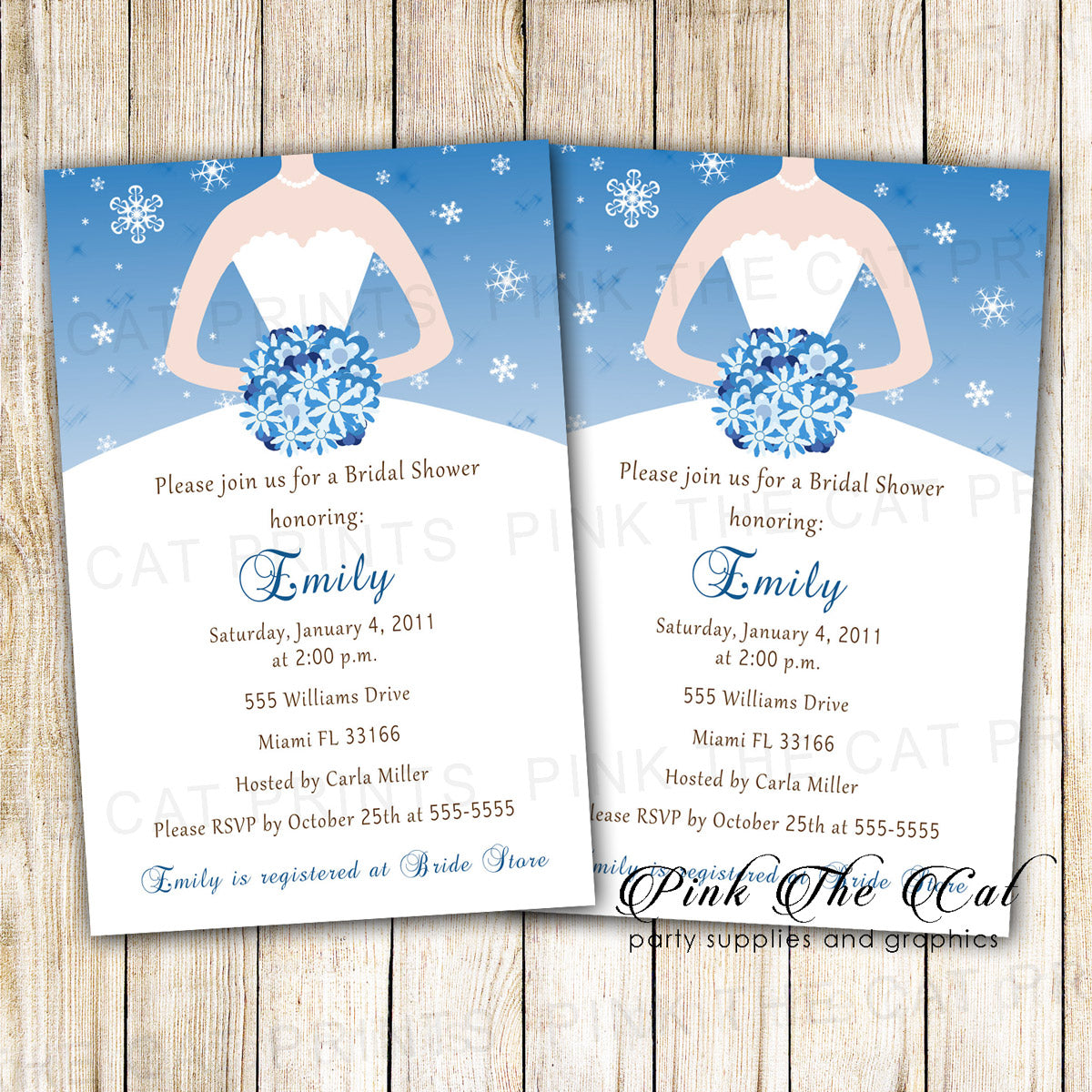 30 invitations winter bridal wedding shower blue dress personalized Pink the Cat 30 invitations winter bridal wedding shower blue dress personalized Pink the Cat