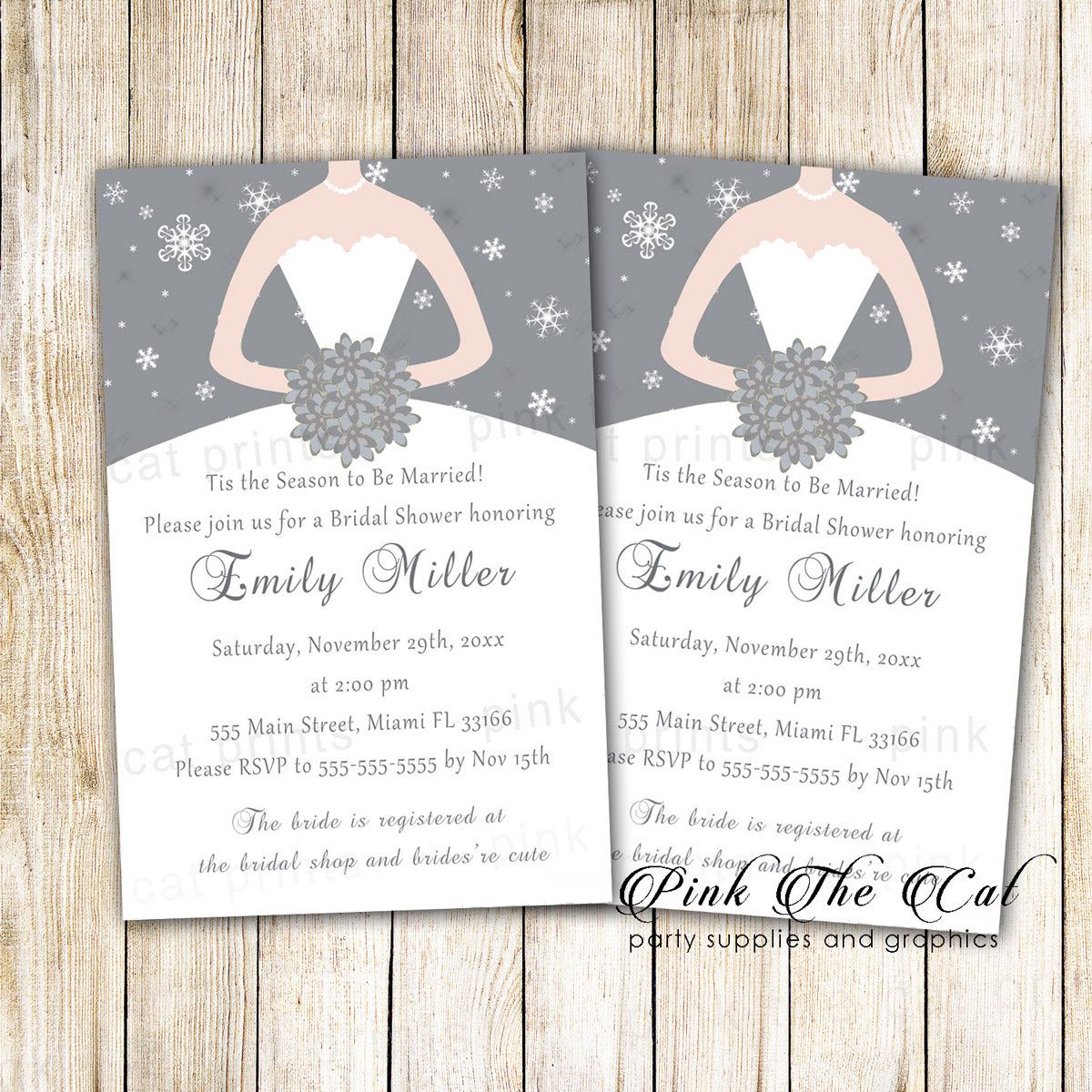 30 invitations winter bridal wedding shower pewter silver dress Pink the Cat 30 invitations winter bridal wedding shower pewter silver dress Pink the Cat