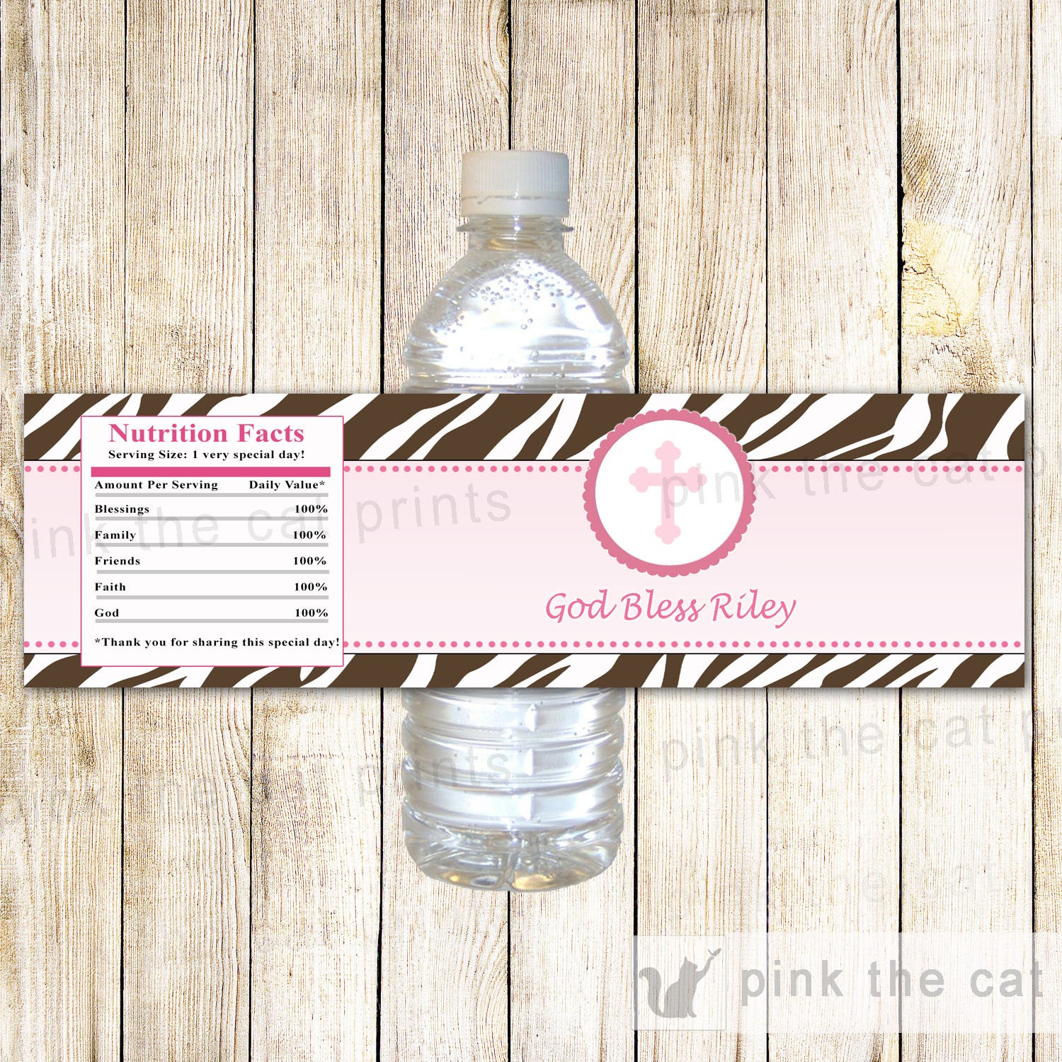 Girl Baptism Christening Holy Communion Bottle Label Pink Brown Zebra