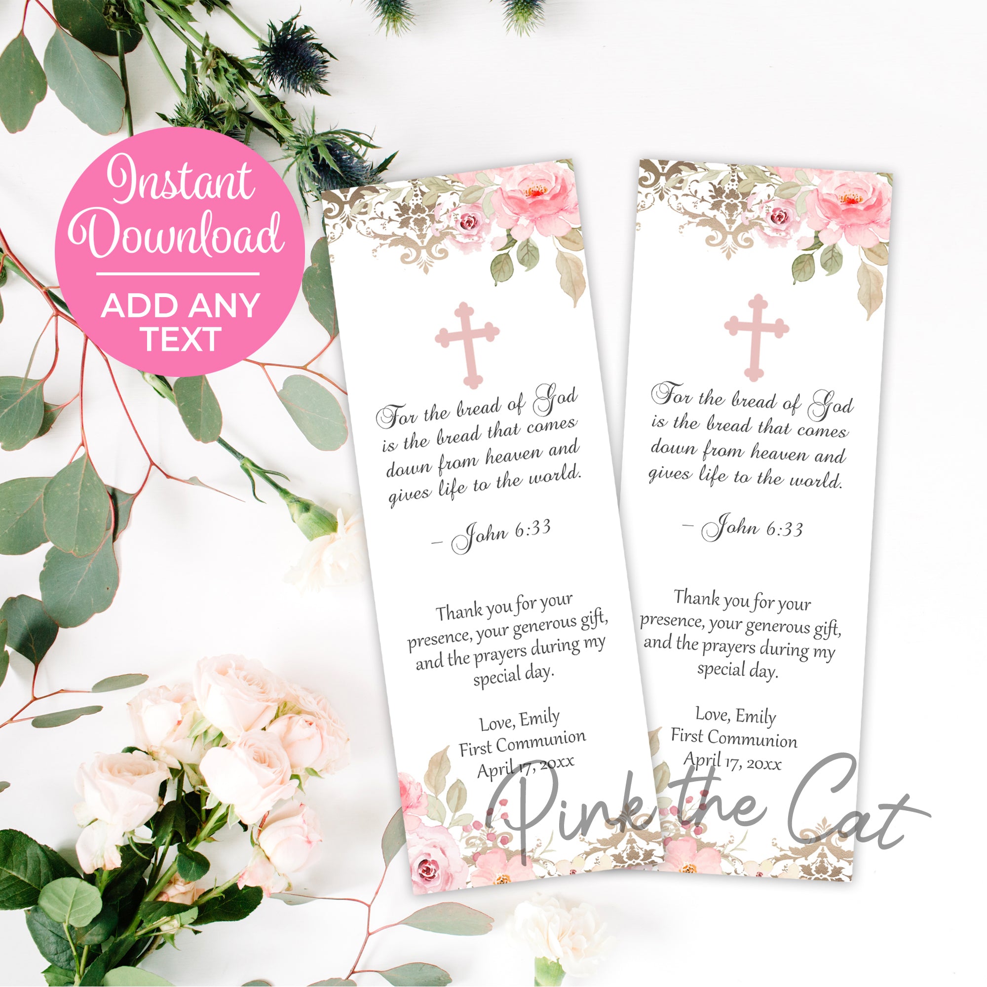 First communion bookmark pink floral