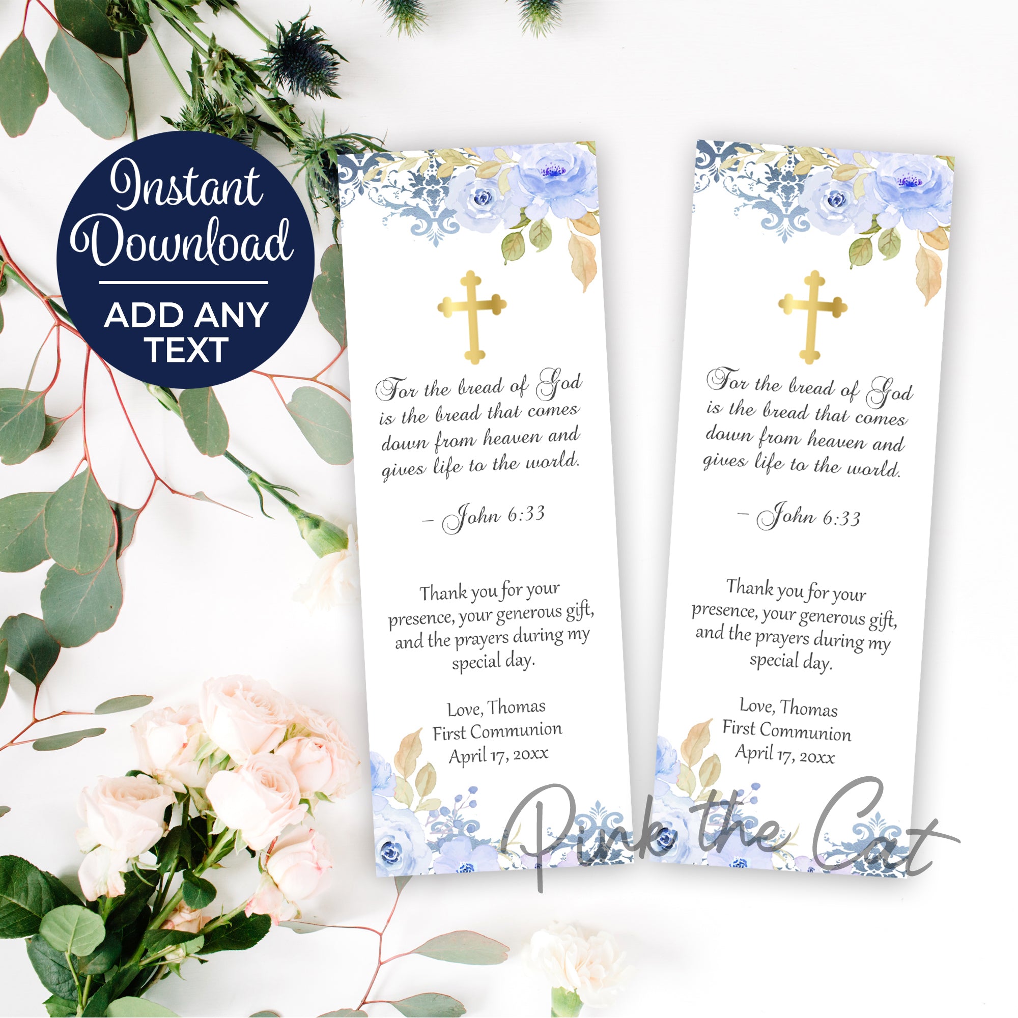 First communion bookmark floral blue gold favors printable template – Pink the Cat first-communion-bookmark-floral-blue-gold-favors-printable-template-pink-the-cat