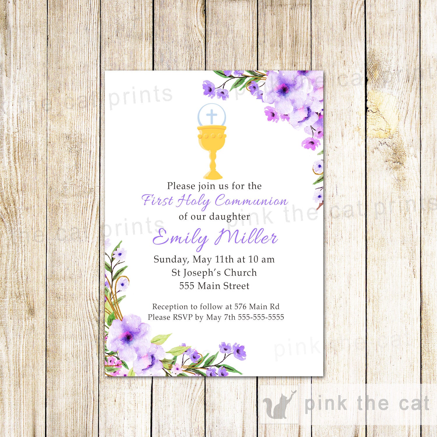 Girl 1st Holy Communion Invitation Boho Floral Purple Lavender Chalice