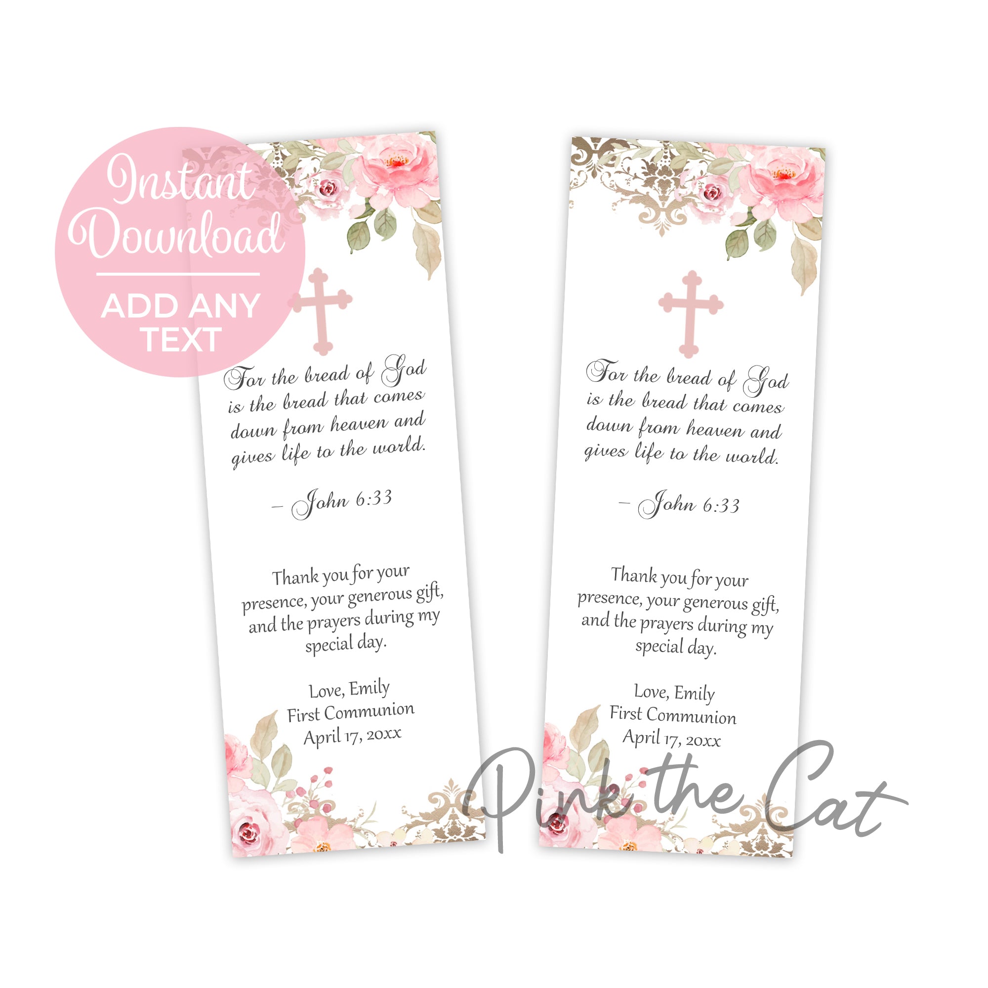 First communion bookmark pink floral