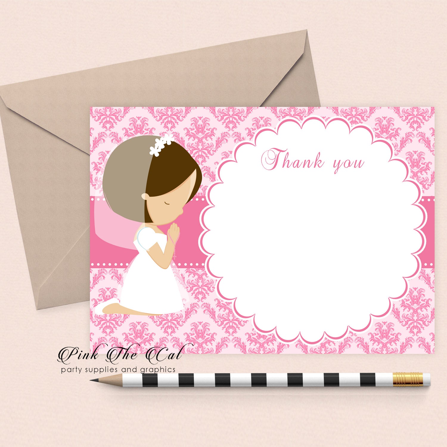 Blank thank you card religious pink communion girl praying
