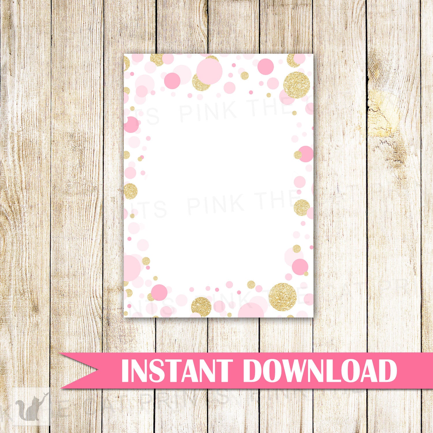 Confetti Blank Card Invitation Thank You Note Gold Glitter Pink