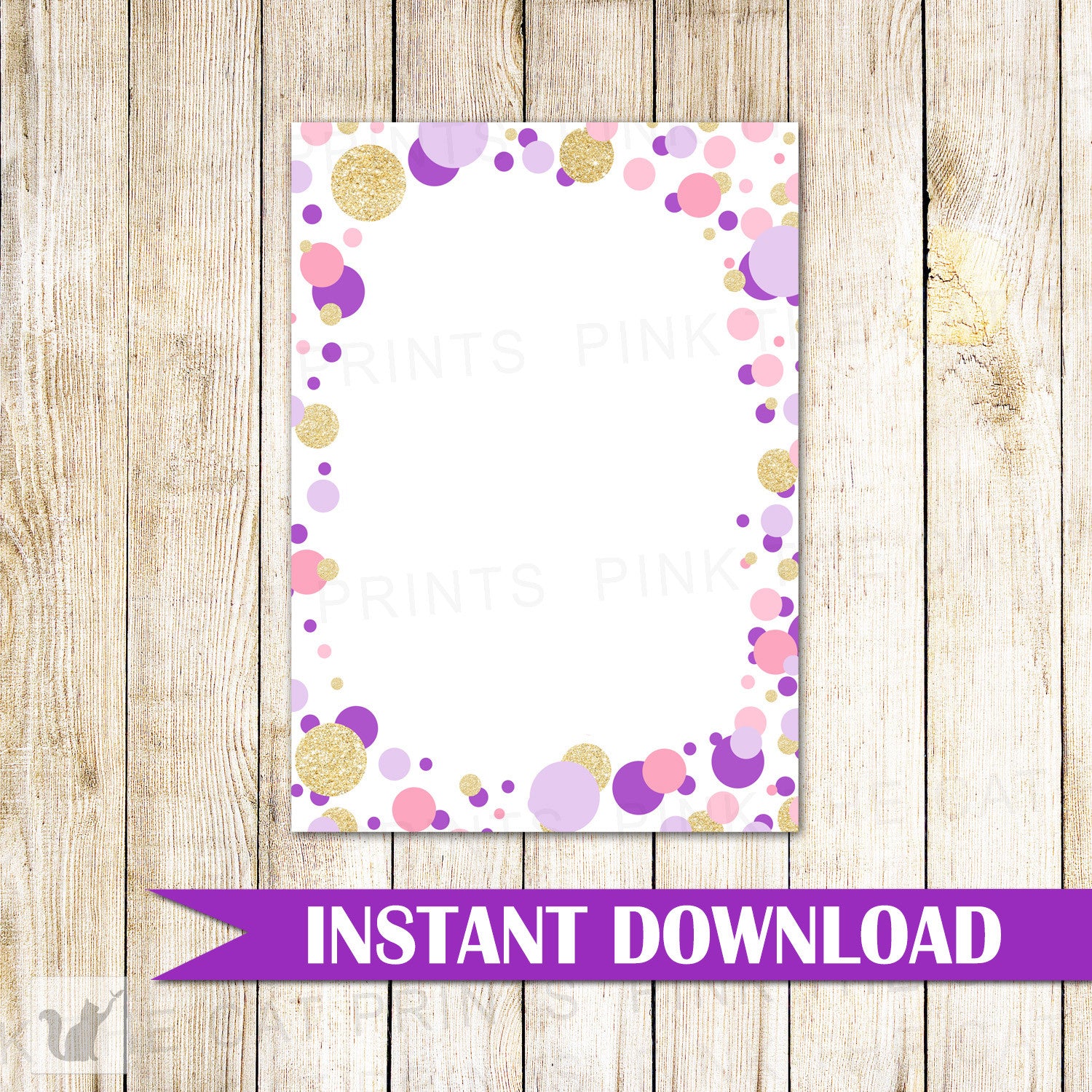 Confetti Blank Card Invitation Thank You Note Gold Glitter Purple Pink