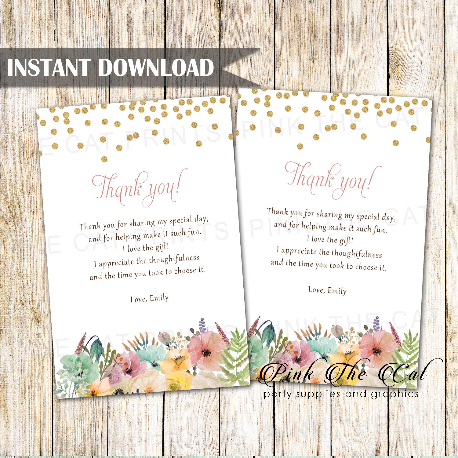 Floral confetti gold thank you card birthday wedding shower printable