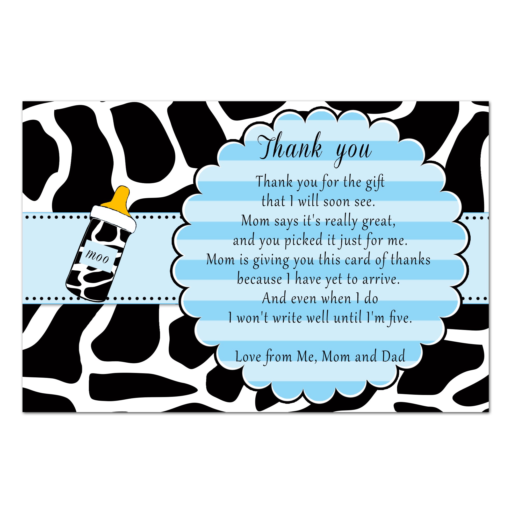 Cow thank you card boy baby shower blue black printable