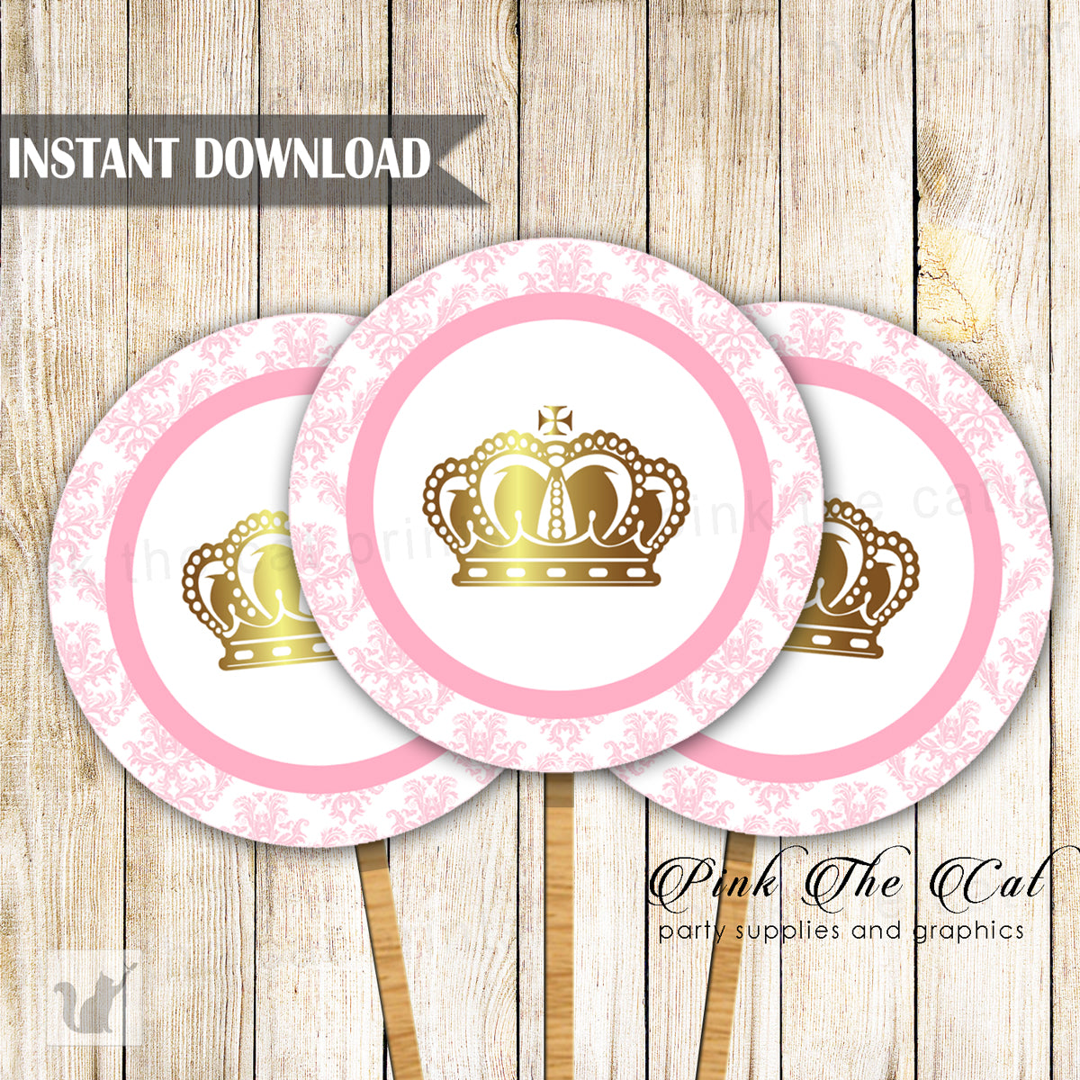 Princess Pink Gold Damask Cupcake Toppers