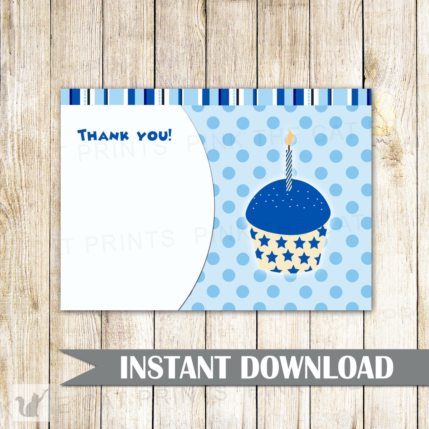 Cupcake Blank Thank You Card Note Boy Birthday Party Blue