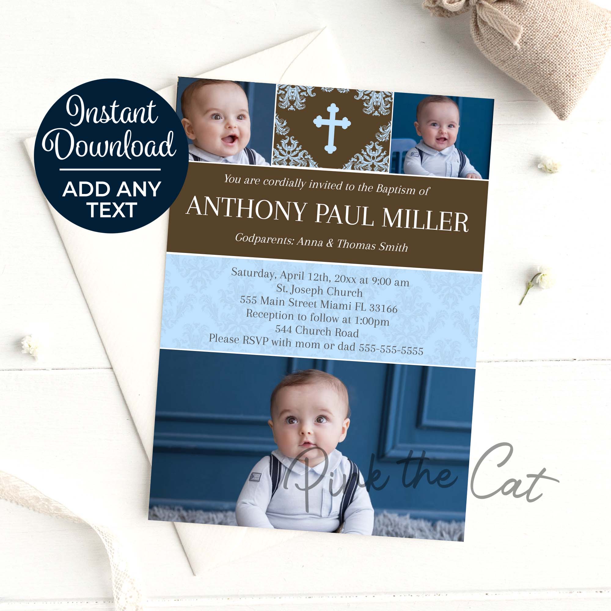 Boy baptism invitation blue and brown