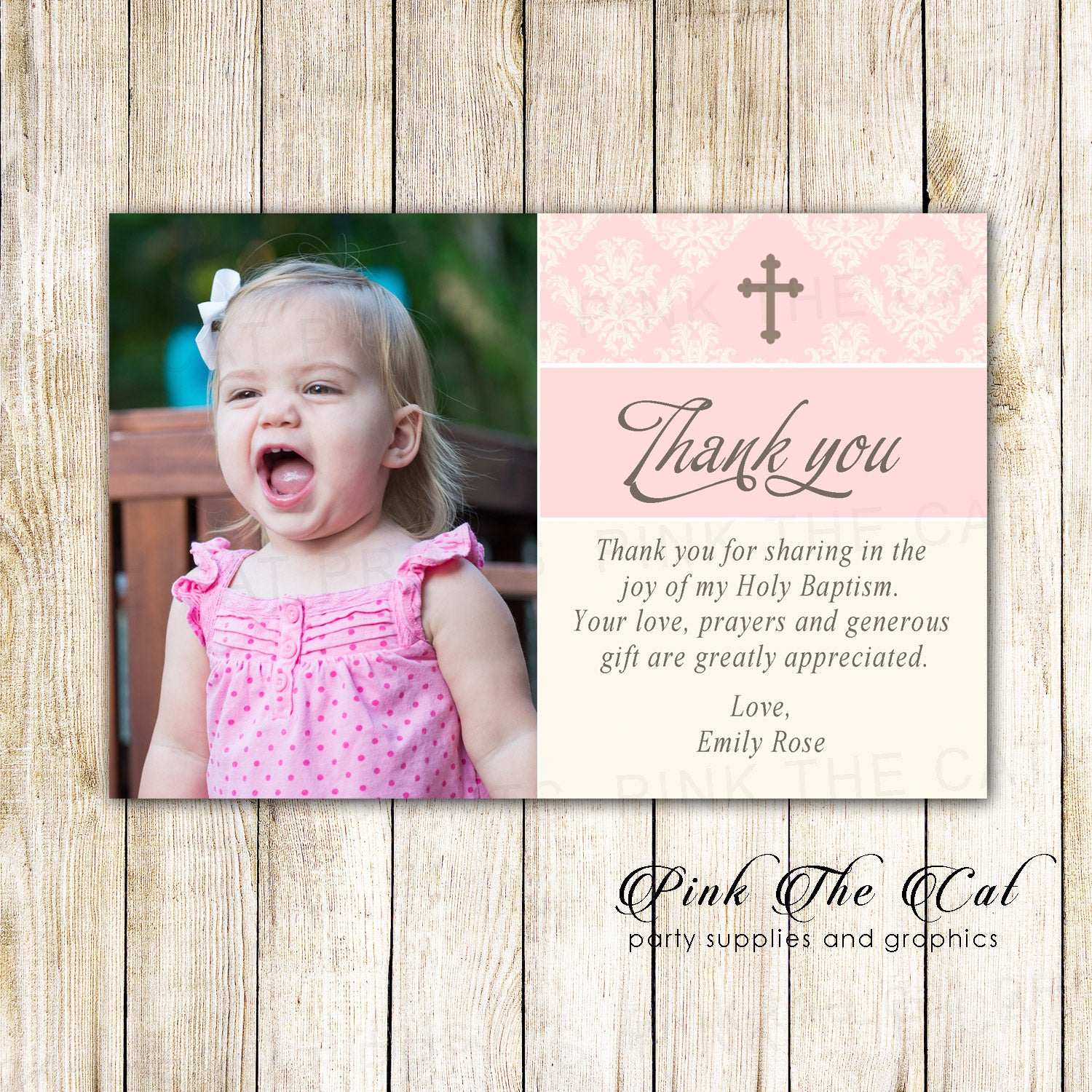 Blush Pink Creme Baptism Christening Thank You Note Printable