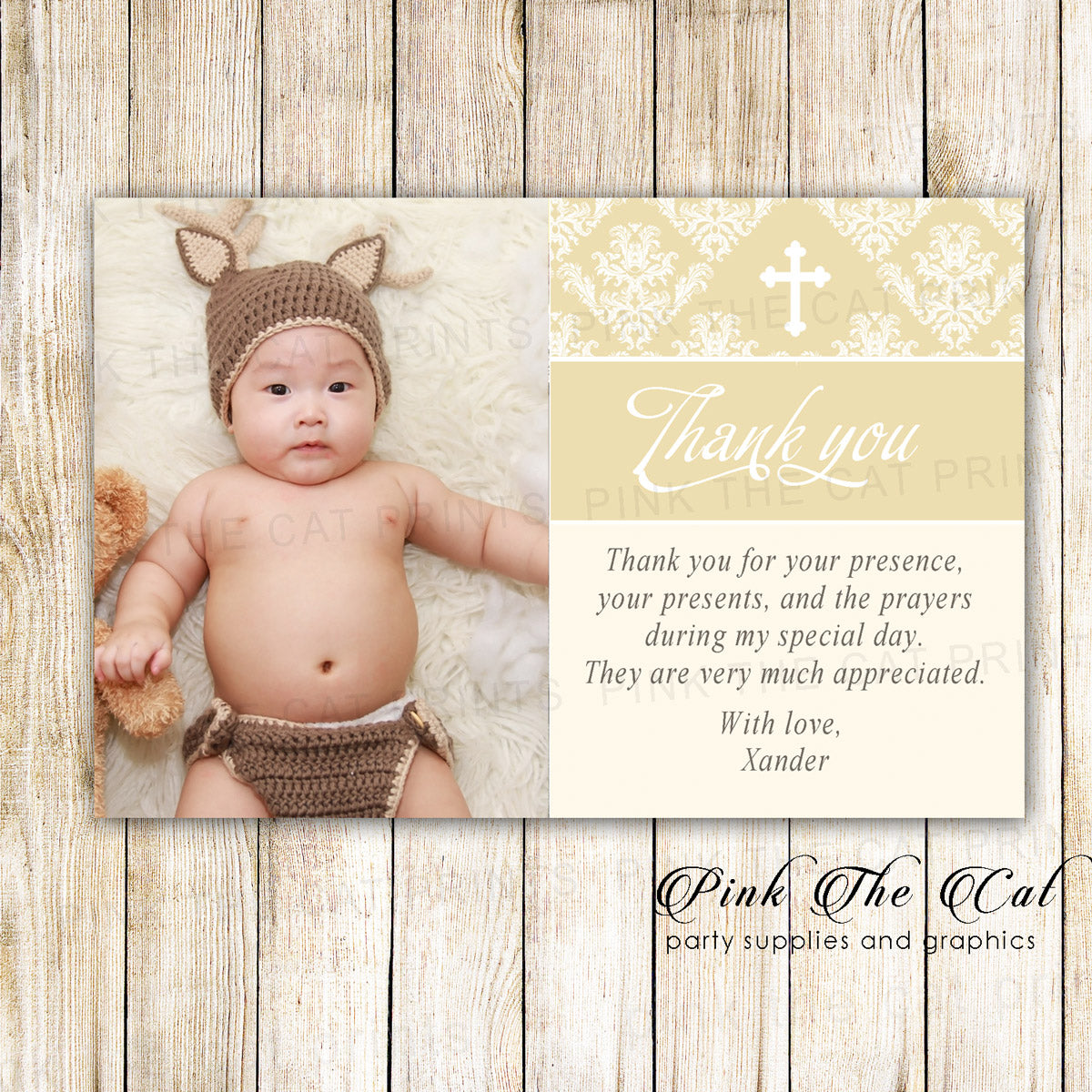 Creme Gold Baptism Christening Thank You Note Printable
