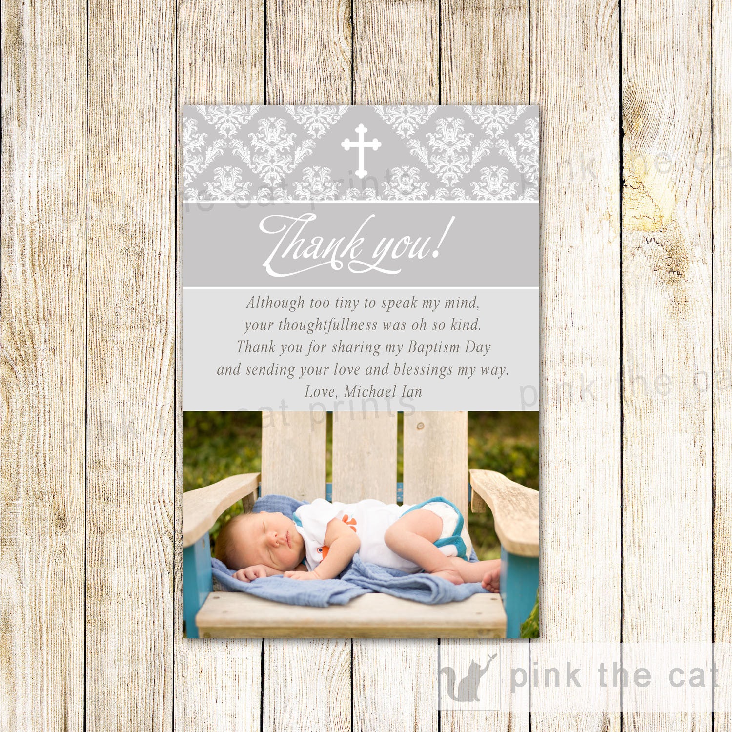 Grey Baptism Christening Holy Communion Thank You Photo Card Note