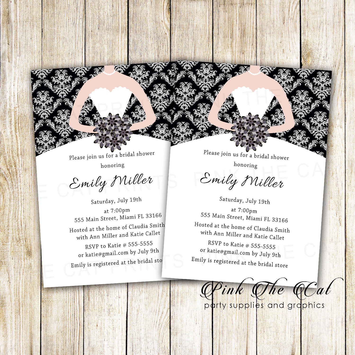 Bridal Shower Invitation Black White Bride Dress printable – Pink the Cat