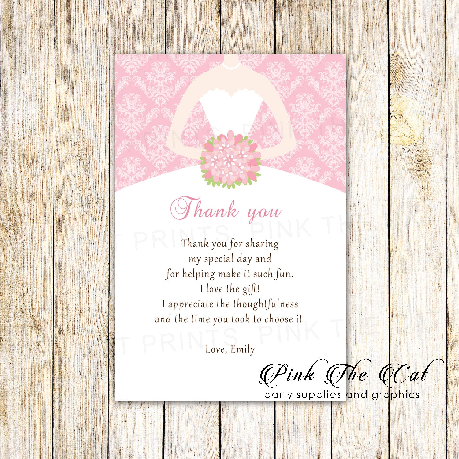 Bridal shower thank you card pink dress sweet 16 printable