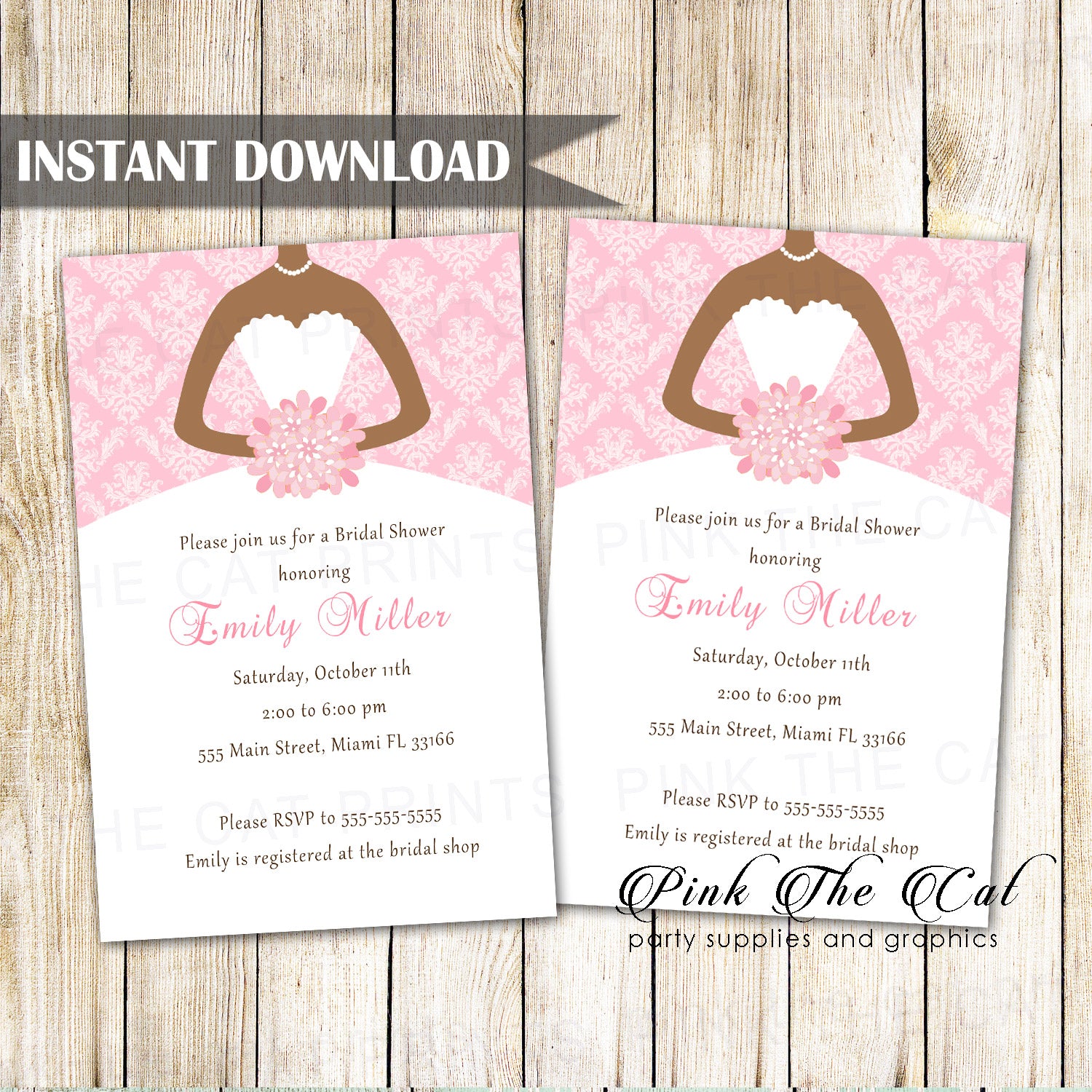 Bridal Shower Dress Invitation Pink African American Printable Pink the Cat Bridal Shower Dress Invitation Pink African American Printable Pink the Cat