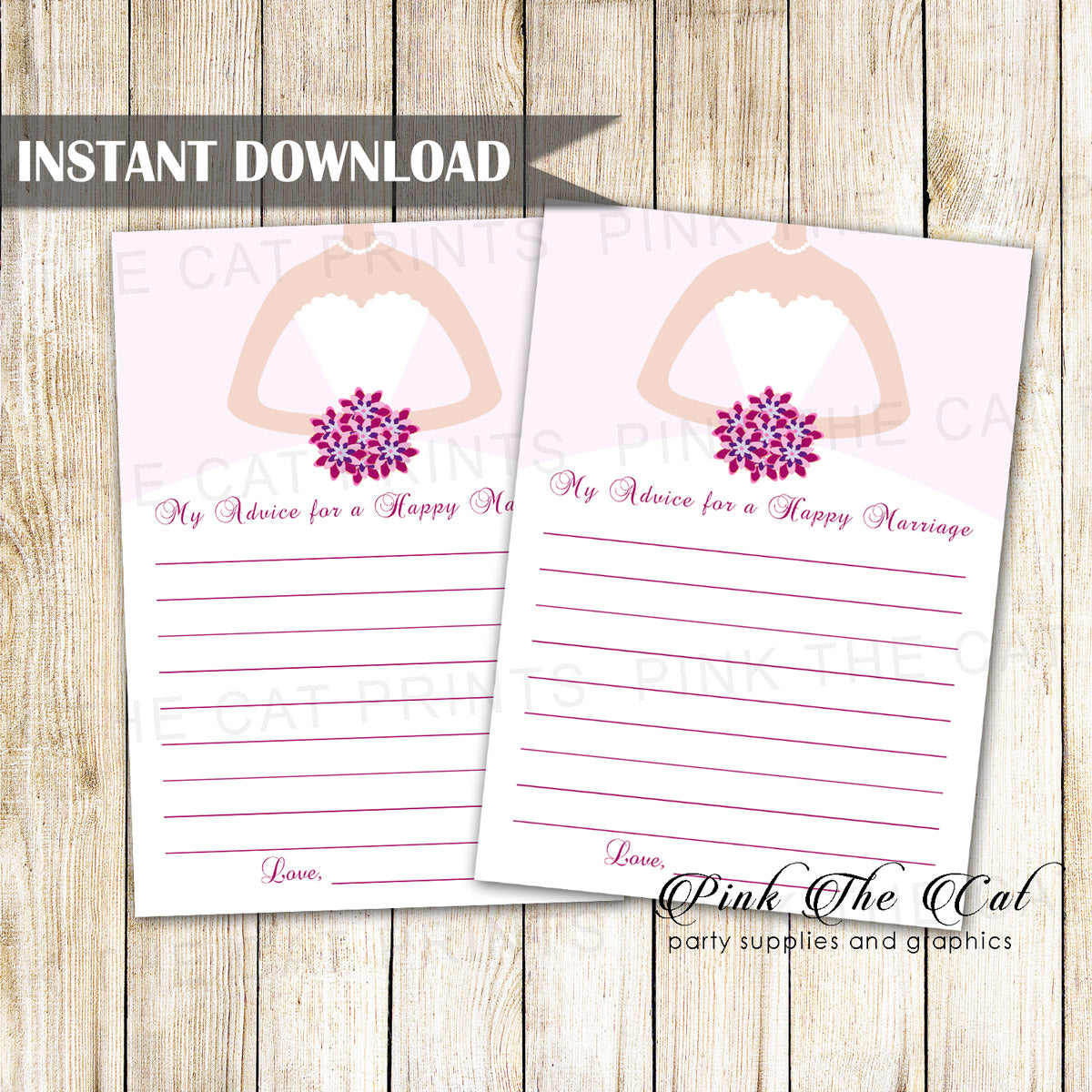 Purple Pink Bridal Wedding Shower Advice Cards Instant Download